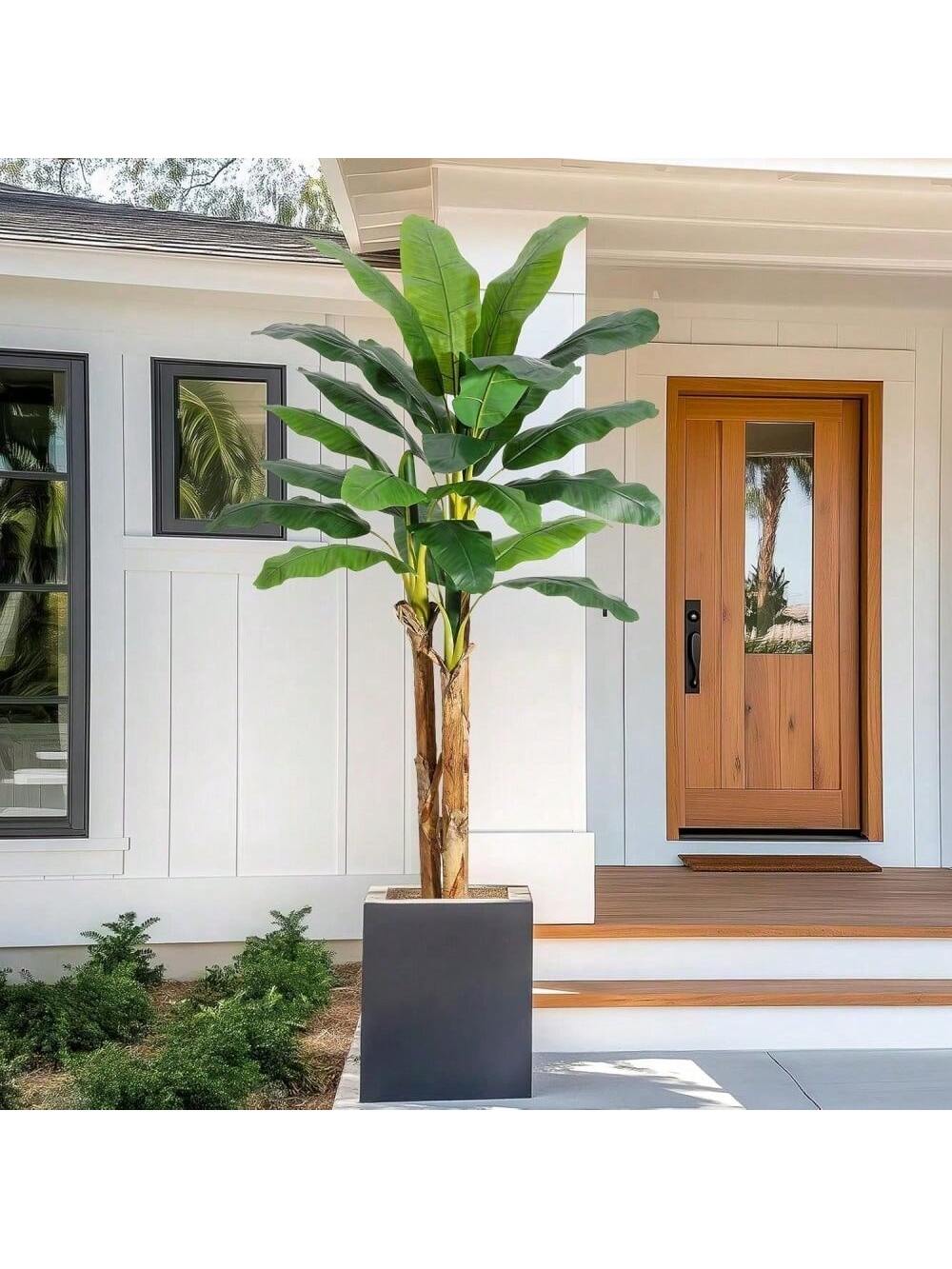 Qeetex PHK-33EVTL5A-HF3 7ft Artificial Banana Tree. Faux Banana Tree with Grey Planter. Artificial Plants with 11 Faux Banana Leaves Plant for Home Office Decor