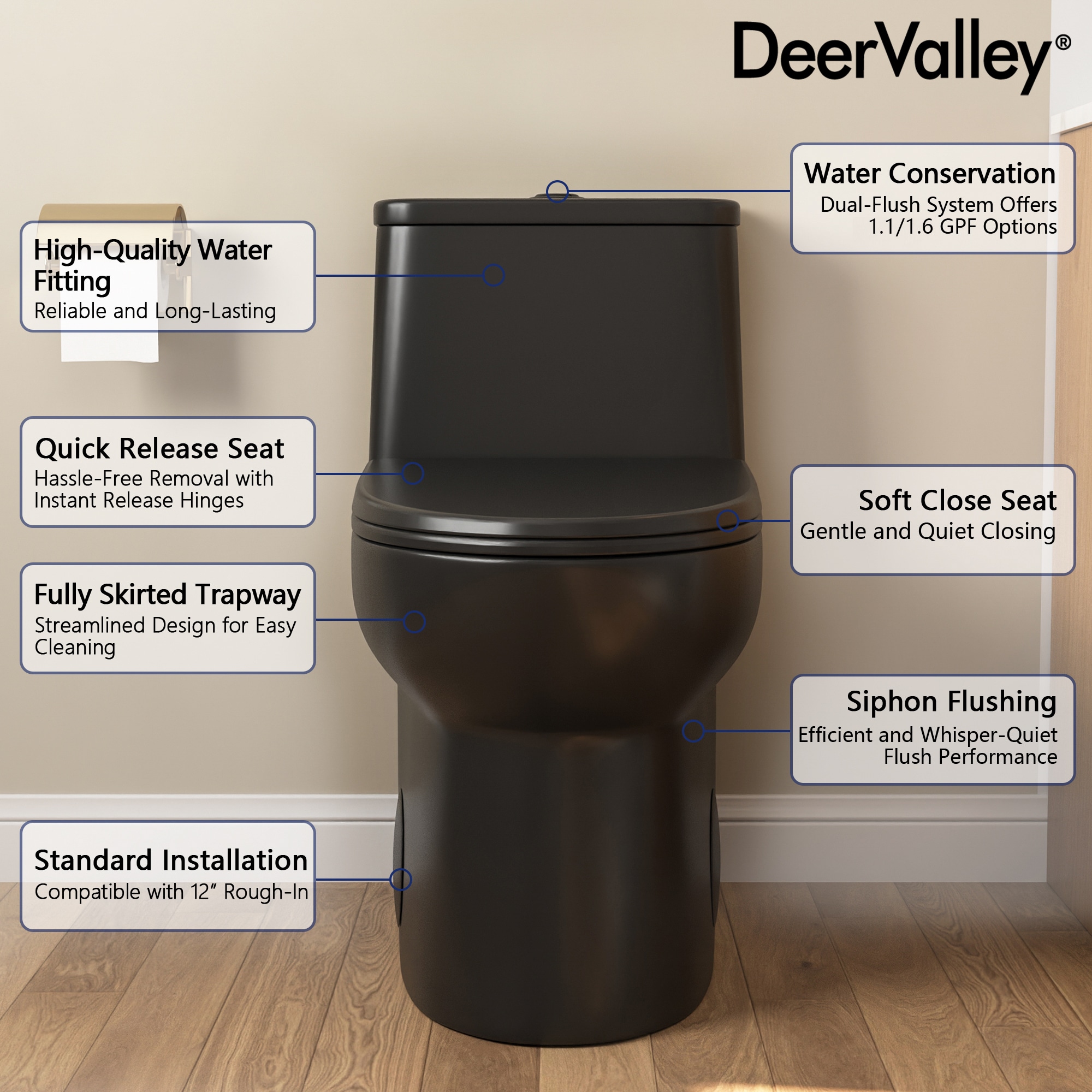 Black Elongated One-Piece High Efficiency Dual Flush Toilet