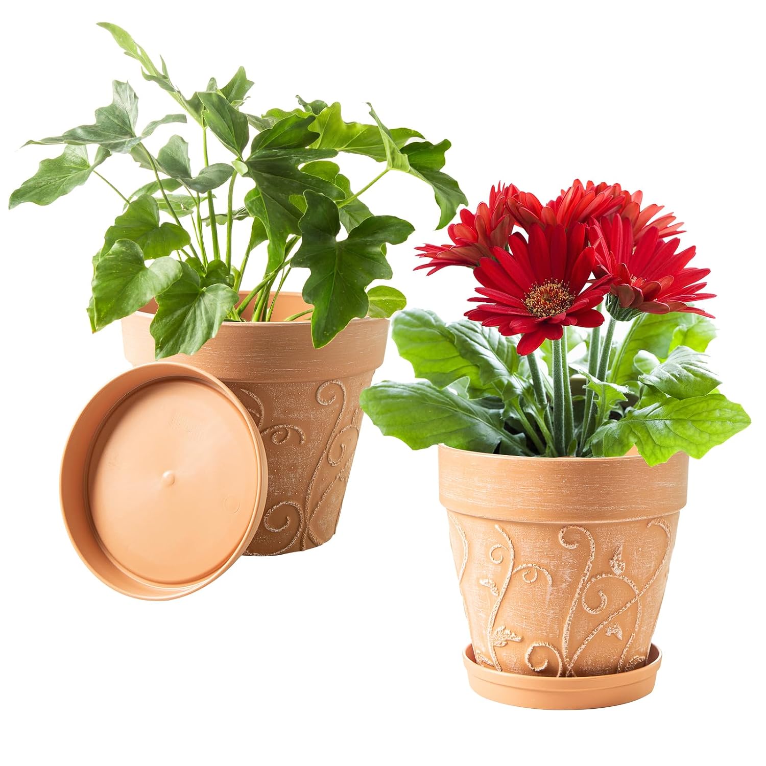 CJGQ - 8 Inch Flower Pots with Drainage Holes and Saucer 2-Pack Rigid Plastic Imitation Terracott...