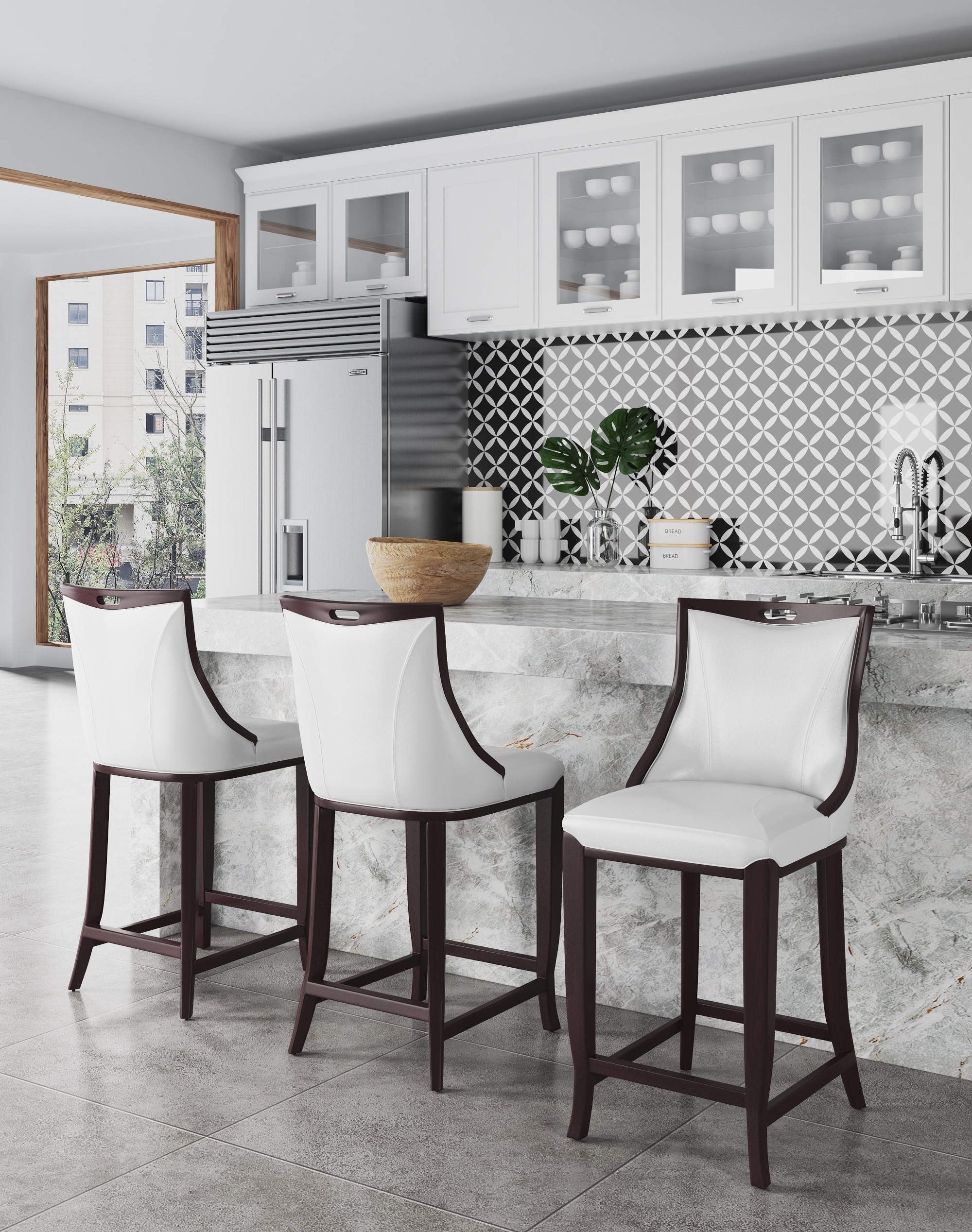 Manhattan Comfort 2-BS008-PW Set of 2 Pearl White and Walnut 27-in H Counter height (24-in to 27-in) Square Seat Upholstered Wood Back Bar Stool Back