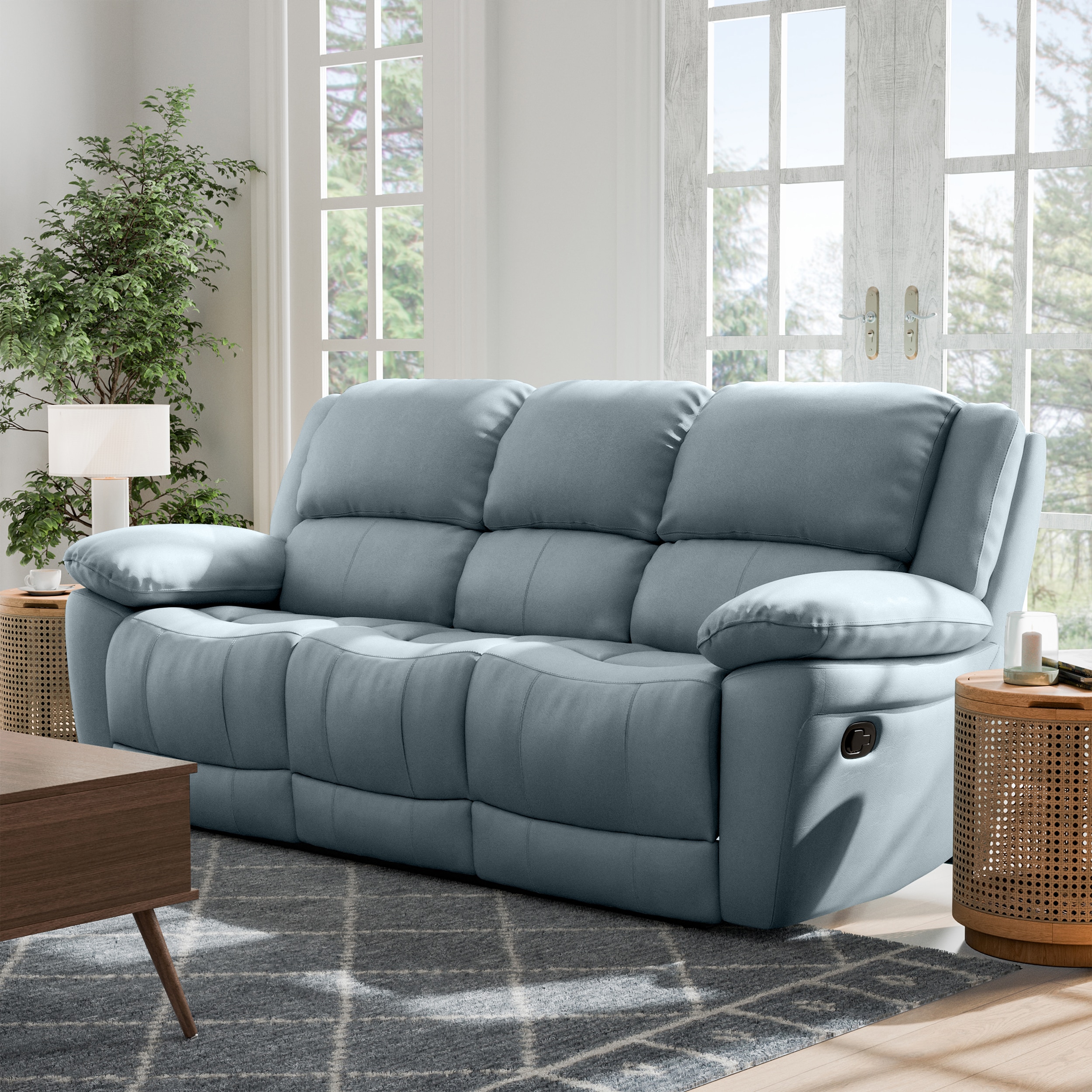 Furniture of America IDF-69003BL-SF Loure 82-in Modern Powder Blue Genuine leather 3 -seater Sofa