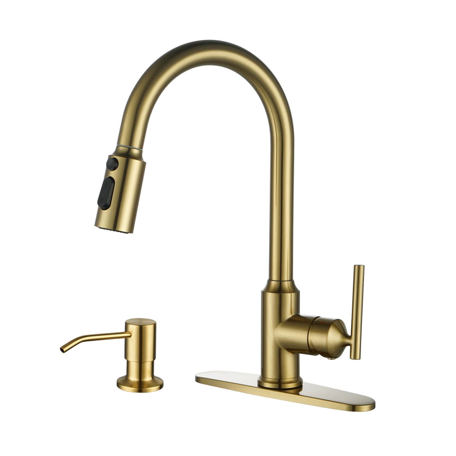 ALEASHA 3-Mode Stainless Steel Single Handle Pull Down Sprayer Kitchen Faucet with Flexible Hose Soap Dispenser in Gold