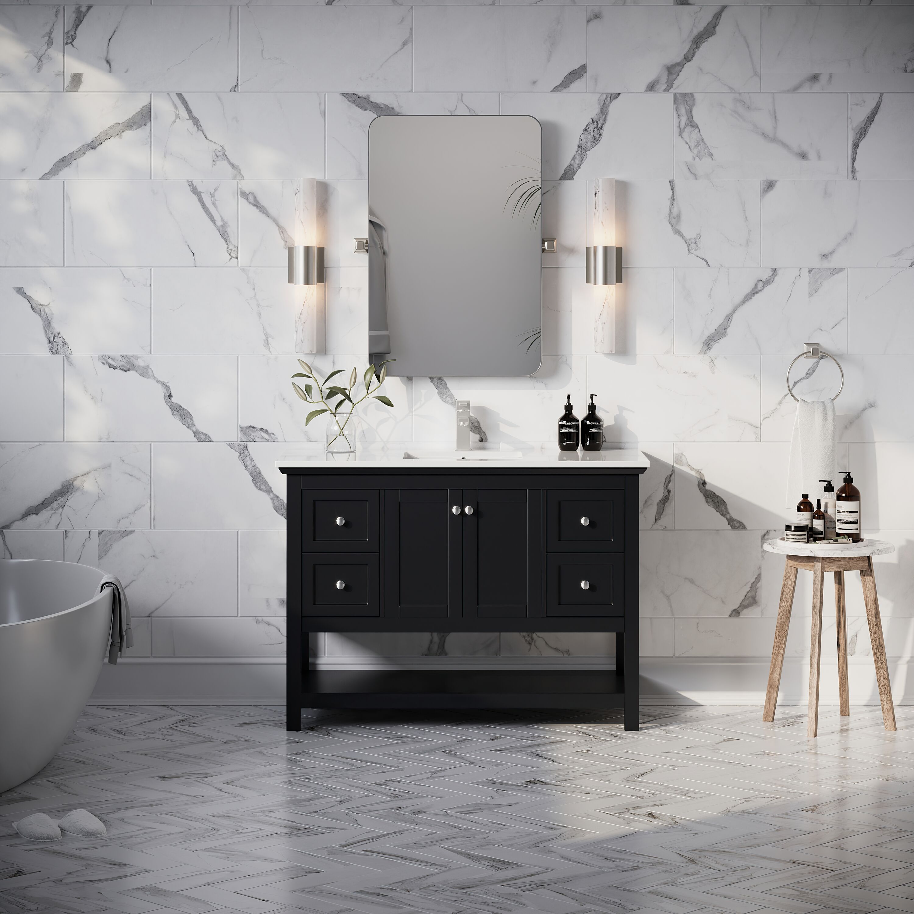 Fresca FCB2348BL-CWH-U Manchester 48-in Black Undermount Single sink Bathroom Vanity with White Quartz Top