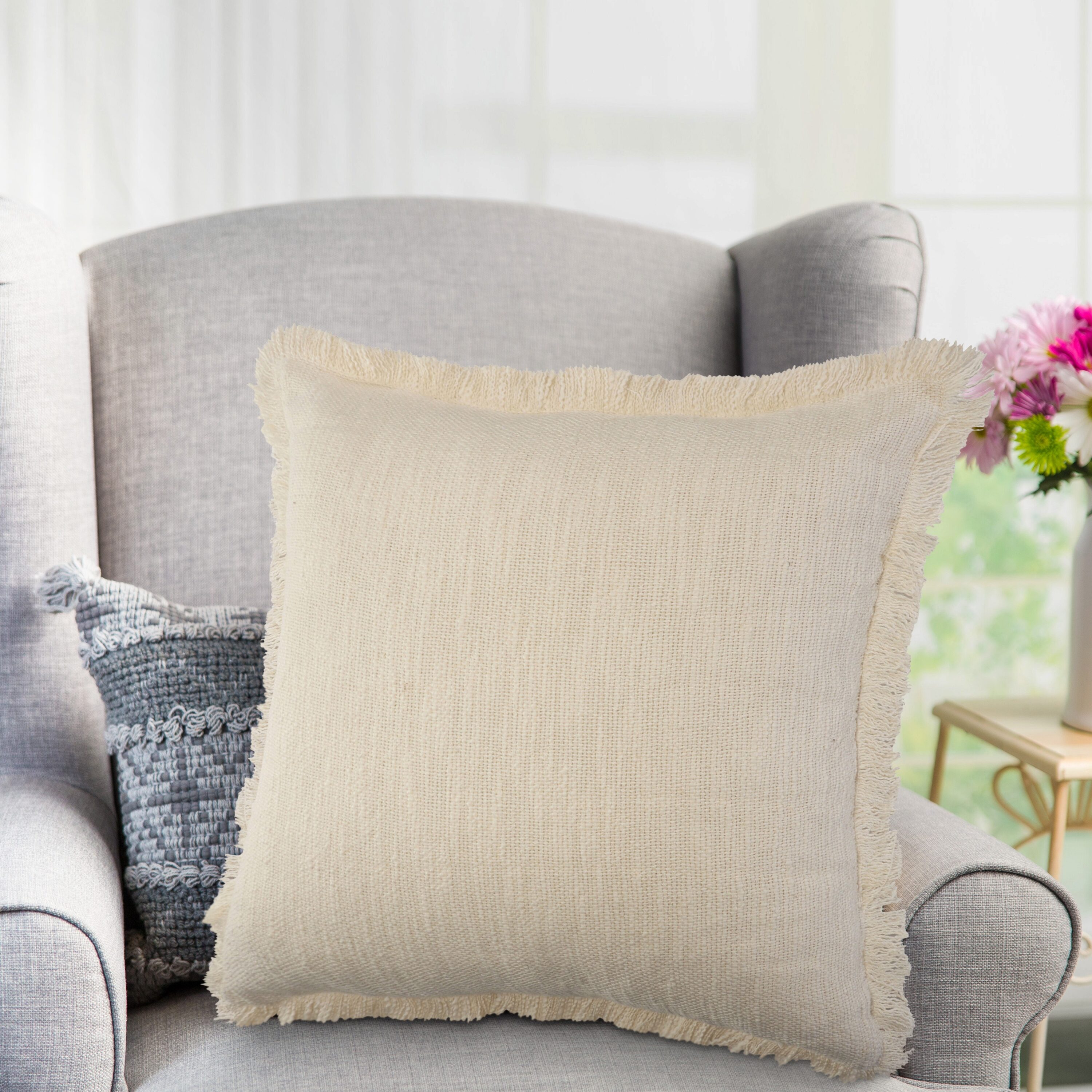 Off-White Cotton 20" Square Fringed Throw Pillow