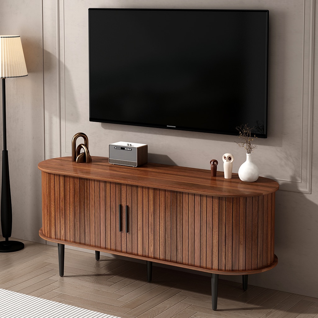 HyperDrop Cart 47-in Walnut Finish Modern TV Console Table with Sliding Door and Storage Compartment