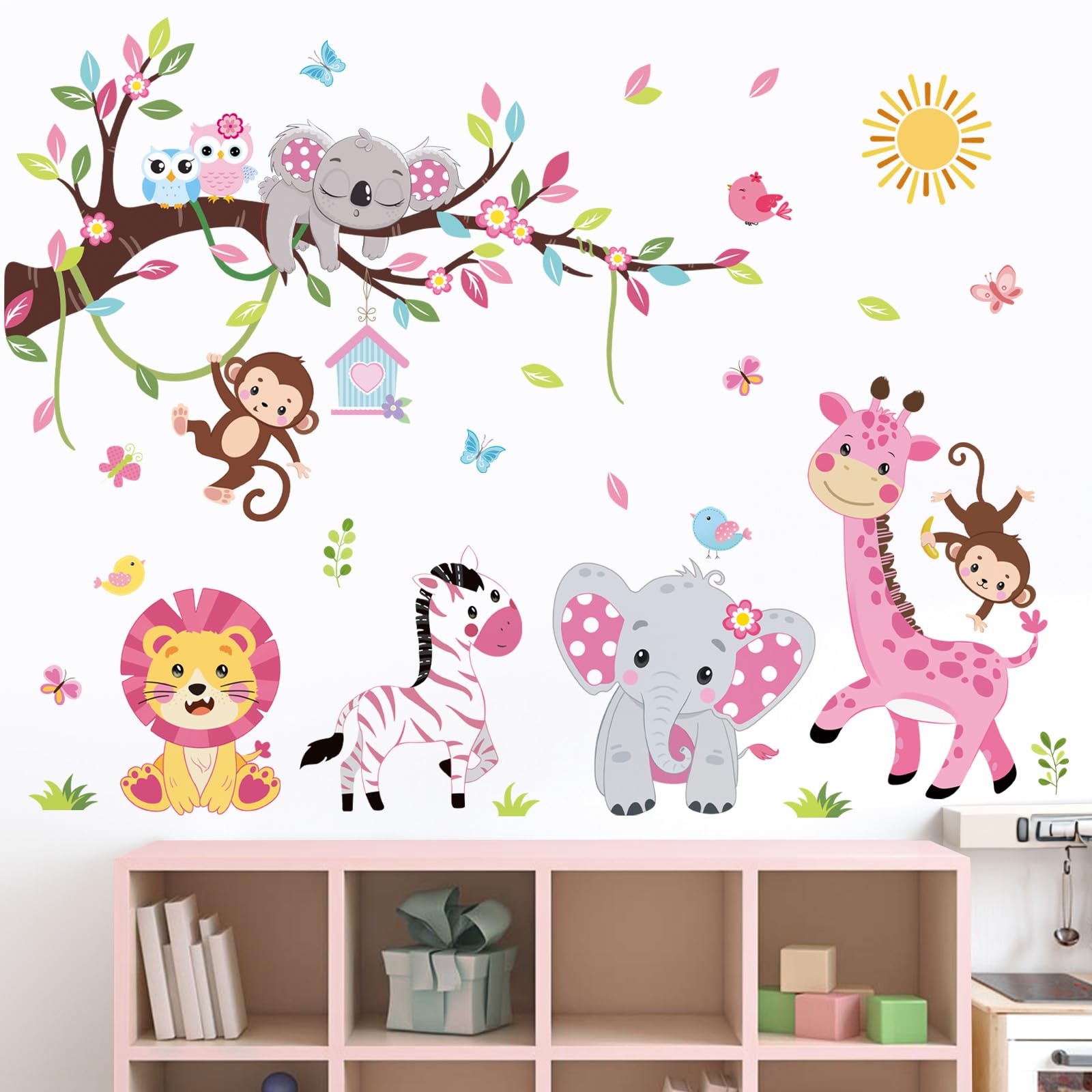 LAIFUCAM Pink Animal Tree Branch Wall Decals Forest Elephant Lion ...