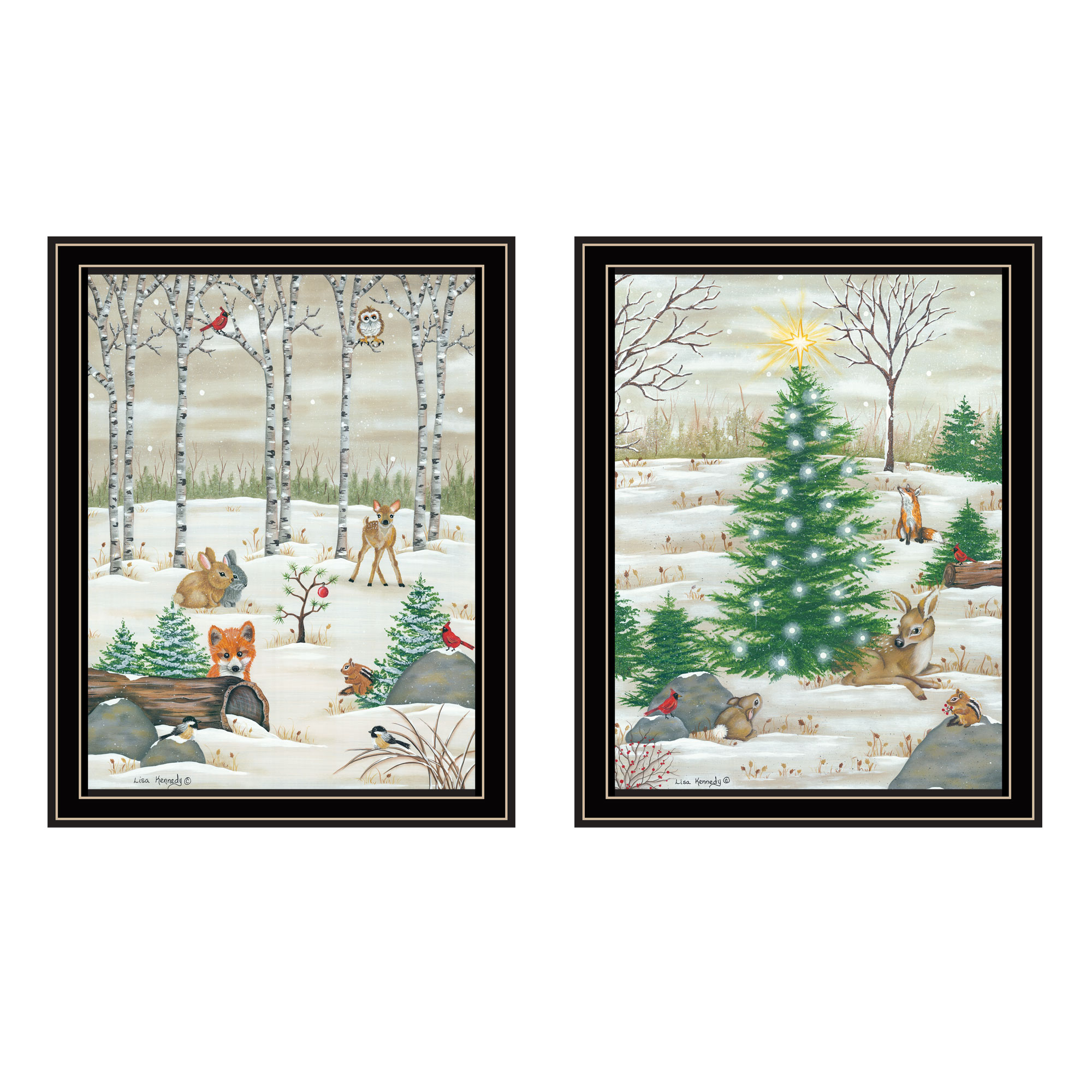 LUXEYARD Decor 4U 2 Piece Woodland Critters for Christmas Black Framed Wall Art Lisa Kennedy