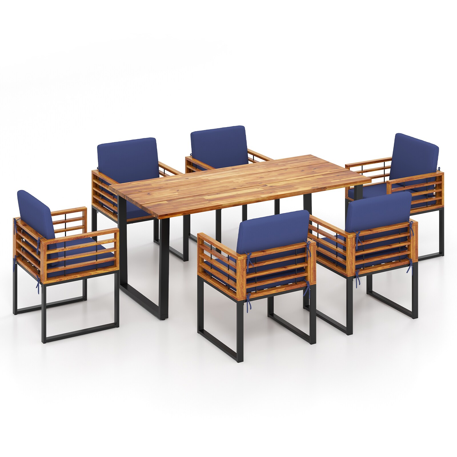 LIVIZA OUG70983NY-X 7 -Piece Black Patio Dining Set Wood Rectangle Table with 6 Blue Cushions Stationary Chairs