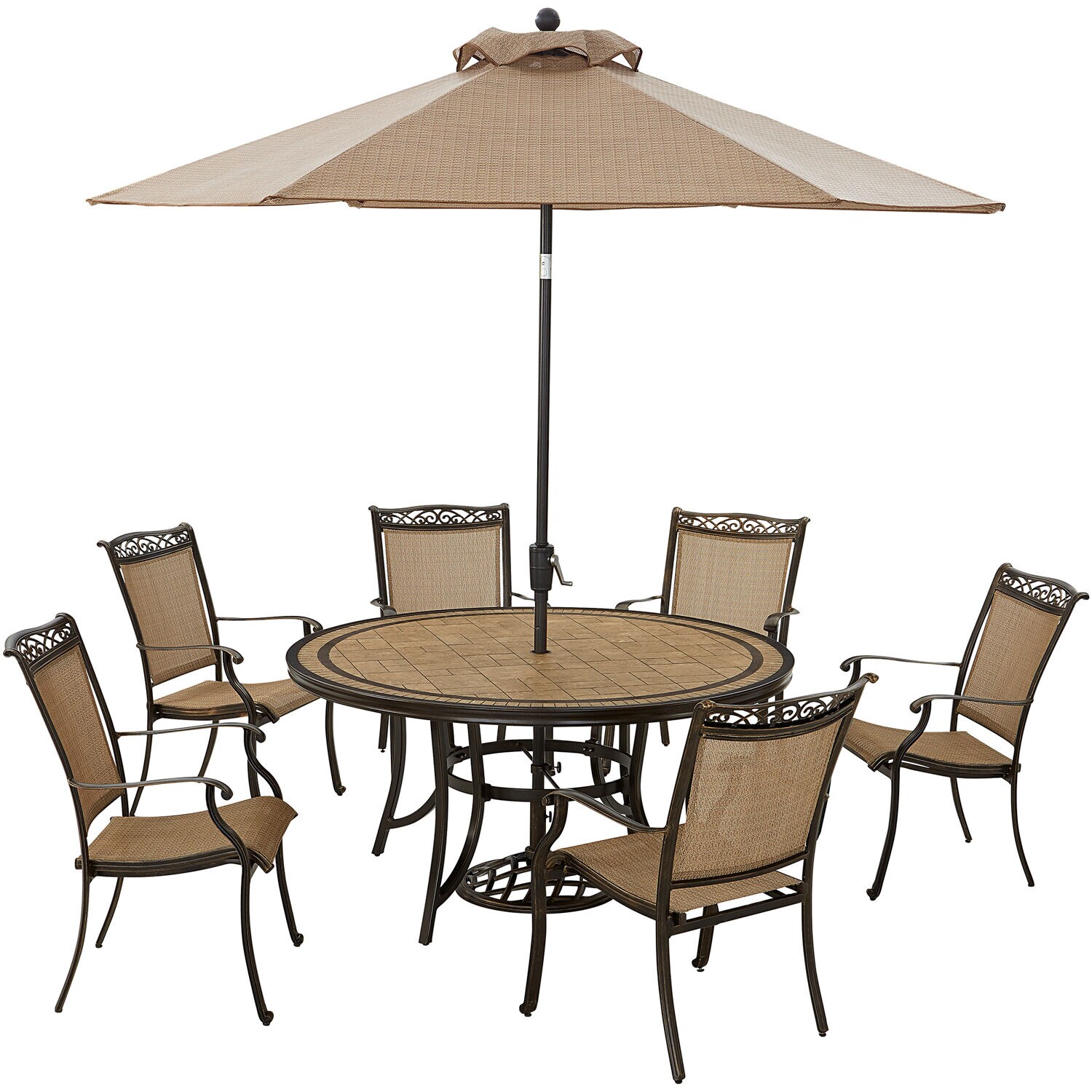 Hanover FNTDN7PCRDTN-SU Fontana 7-Piece Brown Patio Dining Set Aluminum Round Table with 6 Stationary Chairs