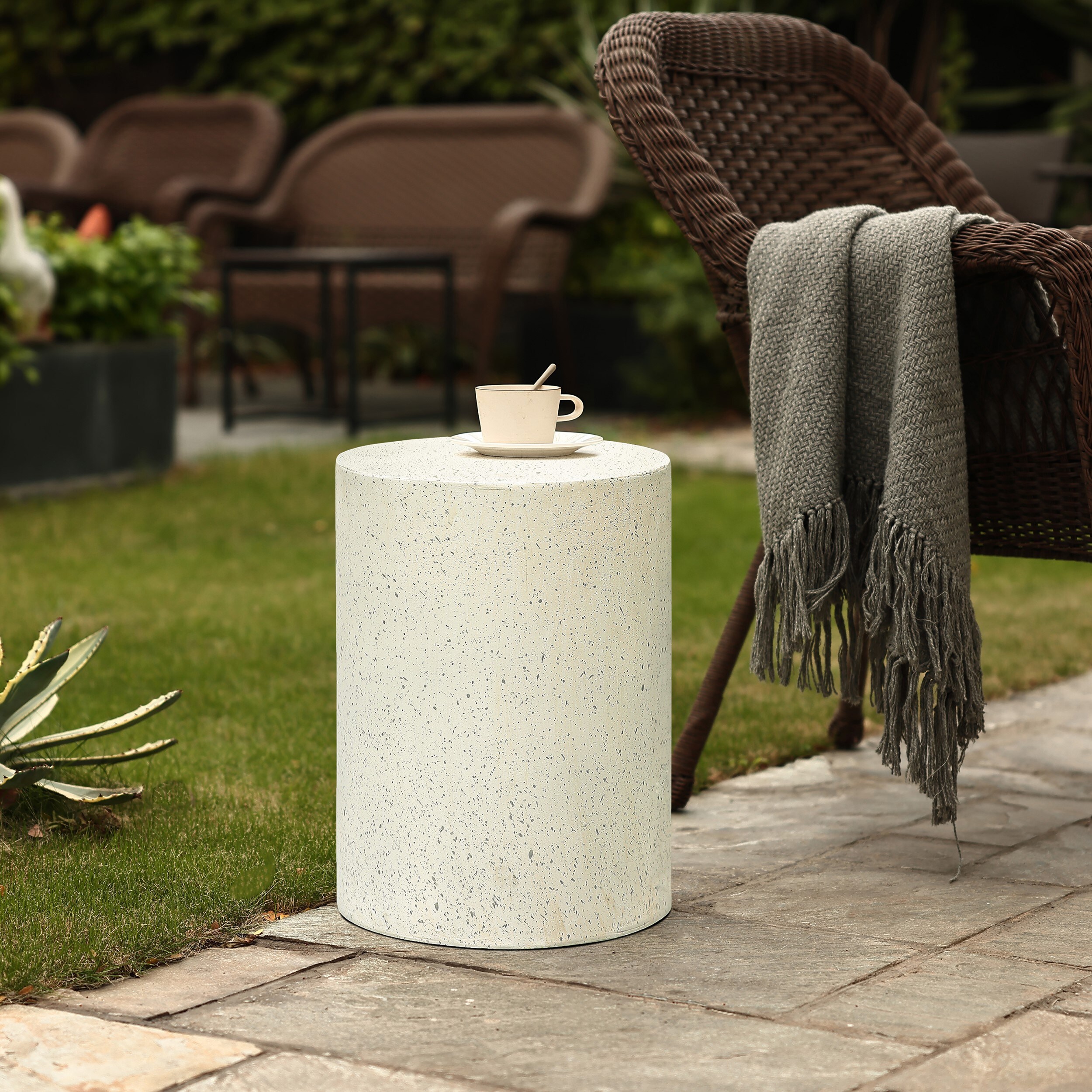 Off-White and Gray Speckled Cement Round Patio Side Table