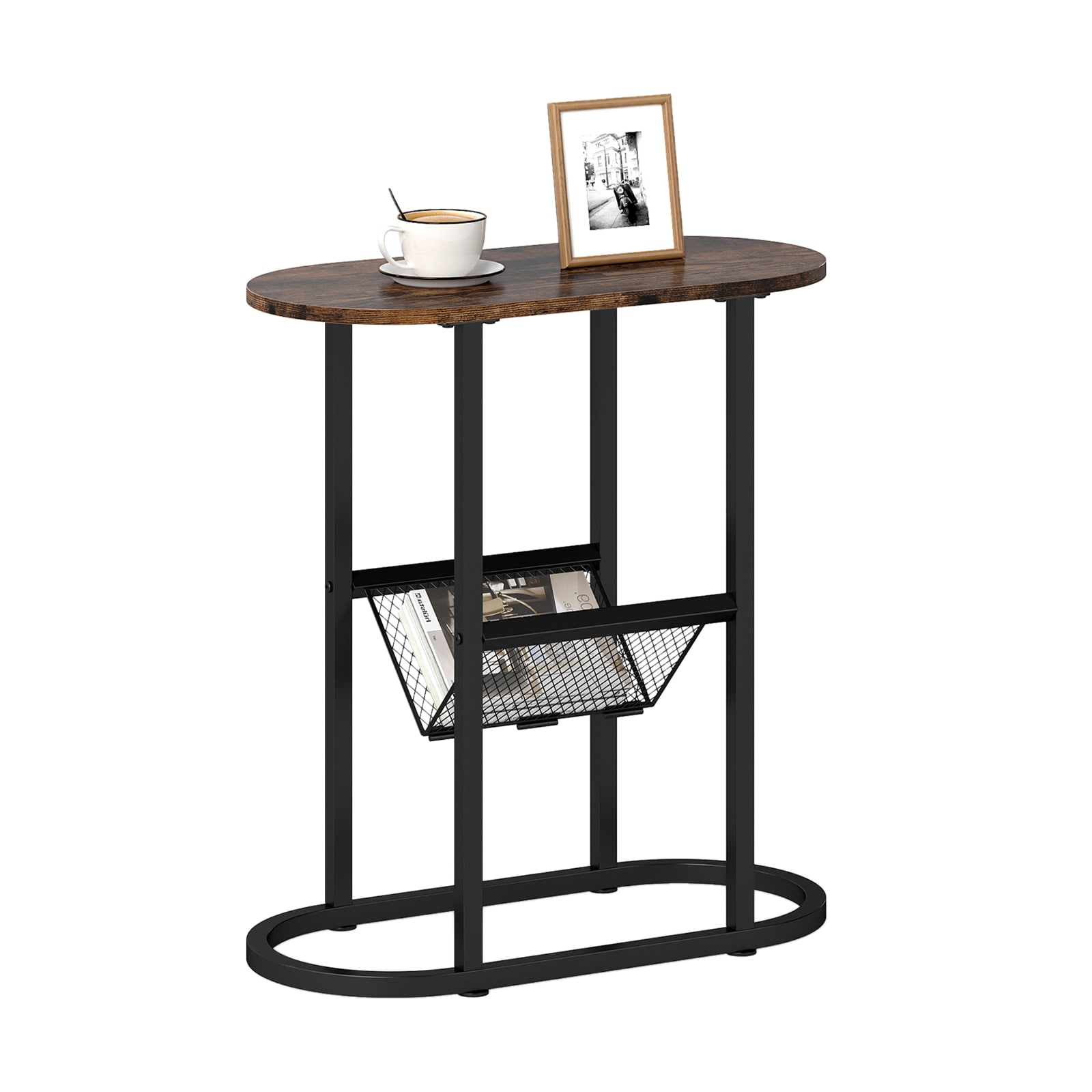 Volenca 2-Tier Oval MDF Side Table with Mesh Shelf Steel Frame Tabletop Holds 110 lb