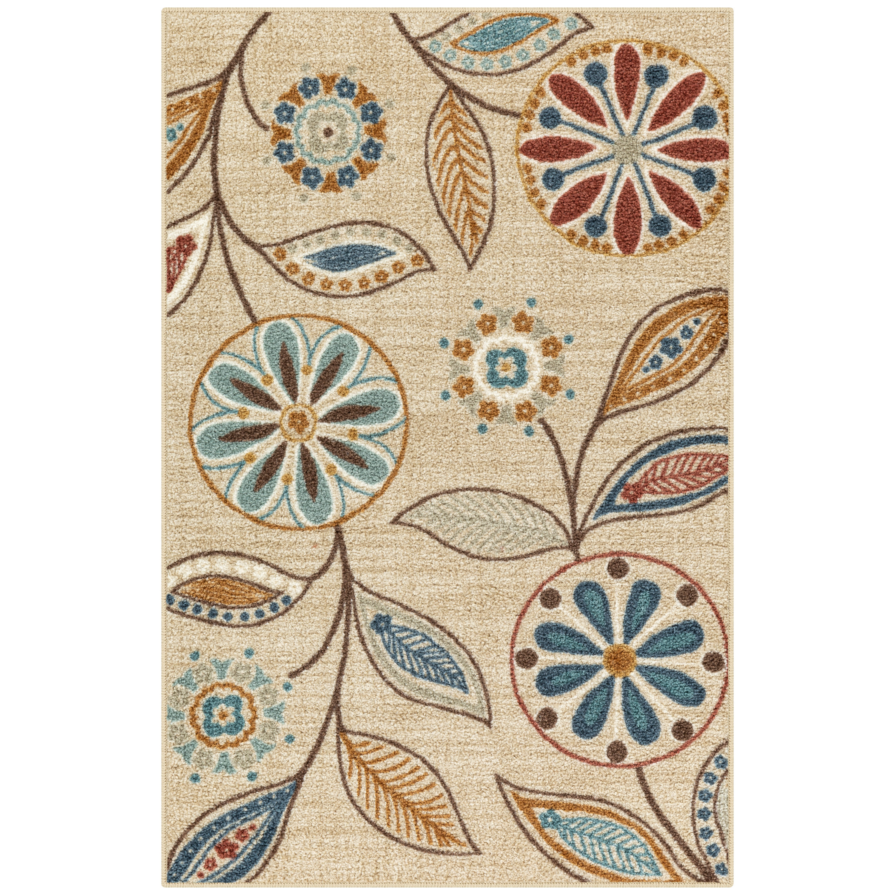 Beige Floral Tufted Washable Rectangular Rug