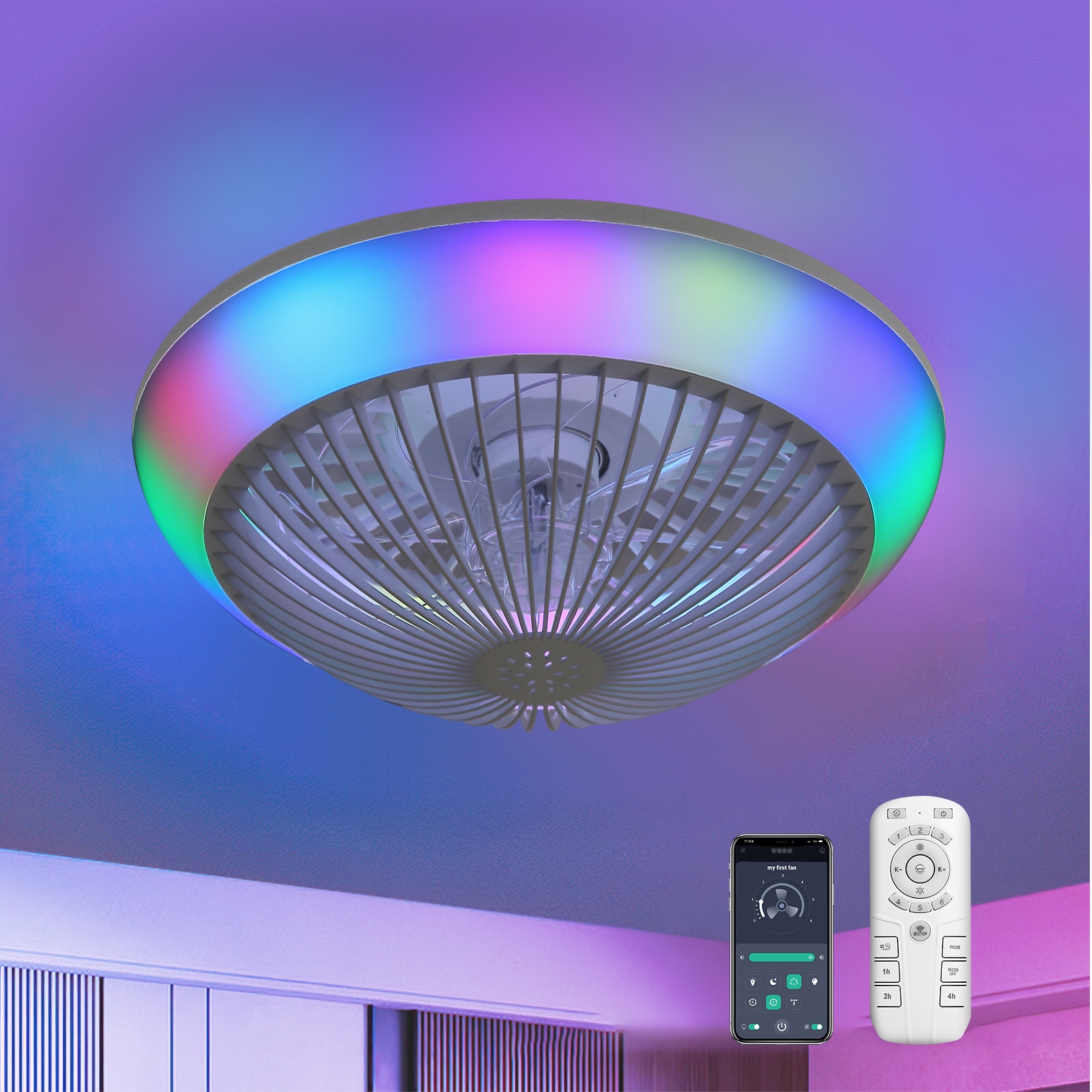 HyperDrop Cart 15-in RGB Dimmable LED Enclosed Ceiling Fan Bladeless Modern 6-Speed Smart Remote Control Bedroom Kids Room