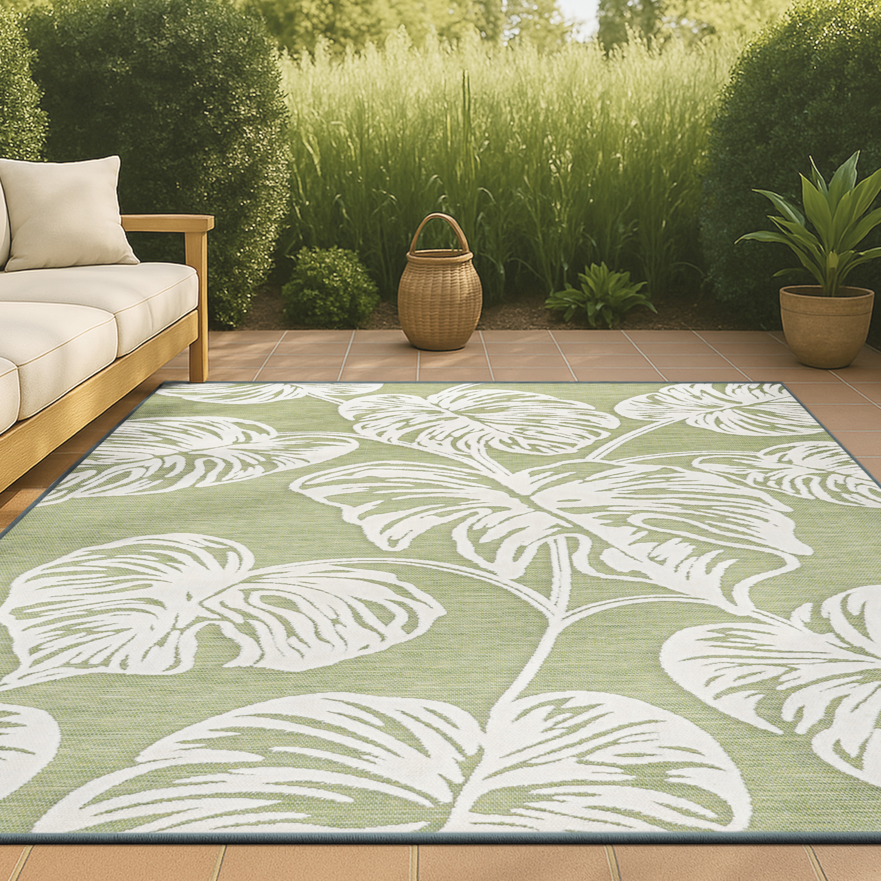 JONATHAN  Y HWC100D-3 Hawaii Tobago High-Low Two-Tone Monstera Leaf 3 x 5 (ft) Loomed Polypropylene Light Green/Ivory Rectangular Indoor/Outdoor Floral/Botanical Coastal Area rug
