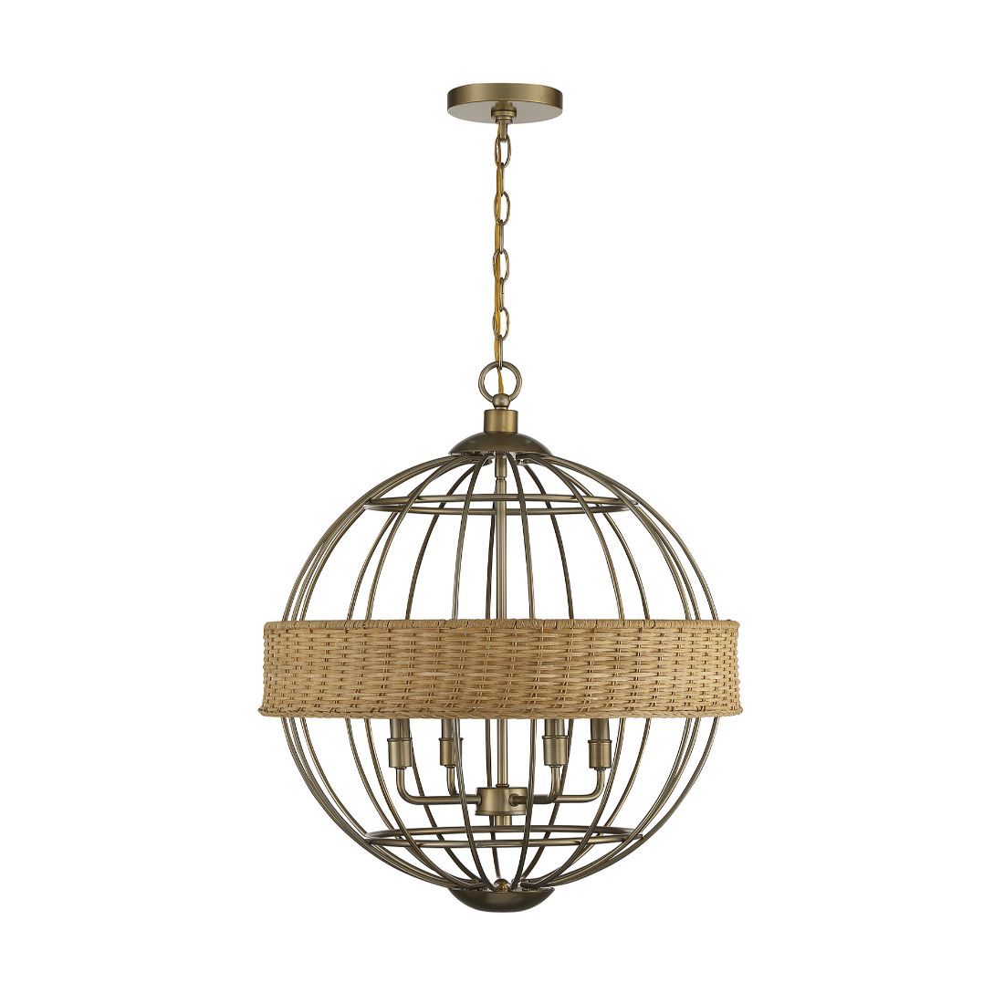 4-Light Warm Brass with Natural Rattan Farmhouse Globe Hanging Pendant ...