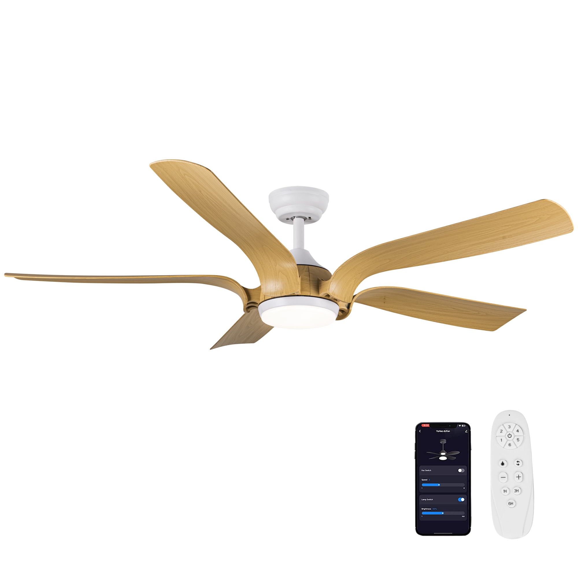 Flynama YC-L-55956 Ceiling Fans 56-Inches Antique Yellow+Gray with ABS Blades Integrated LED Fixture Indoor Downrod mount Standard Ceiling Fan With Light and Remote ( 5 -Blade)