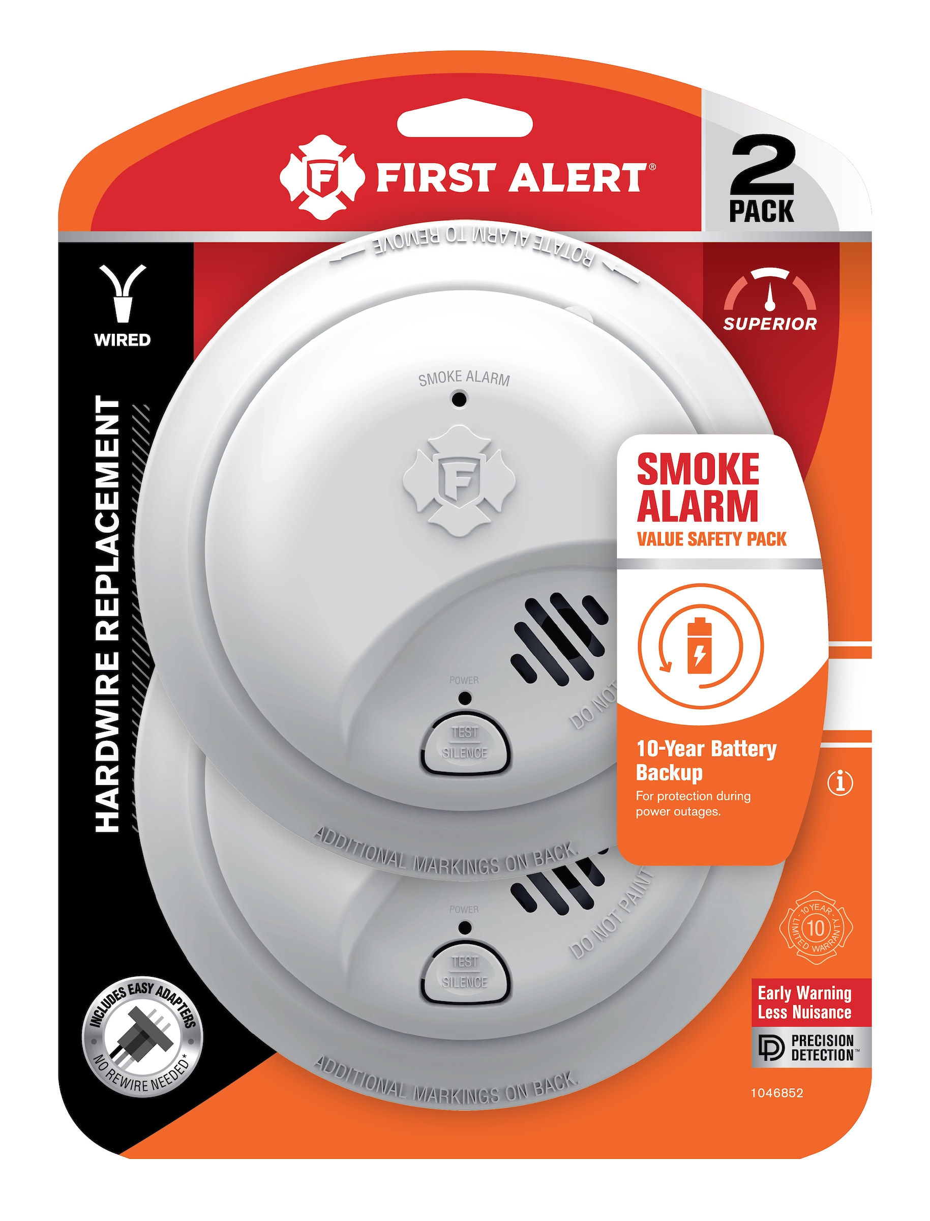 First Alert 1046852 10-Year Battery Hardwired (with Battery Back-up) Ionization Interconnected Smoke Detector (2-Pack)