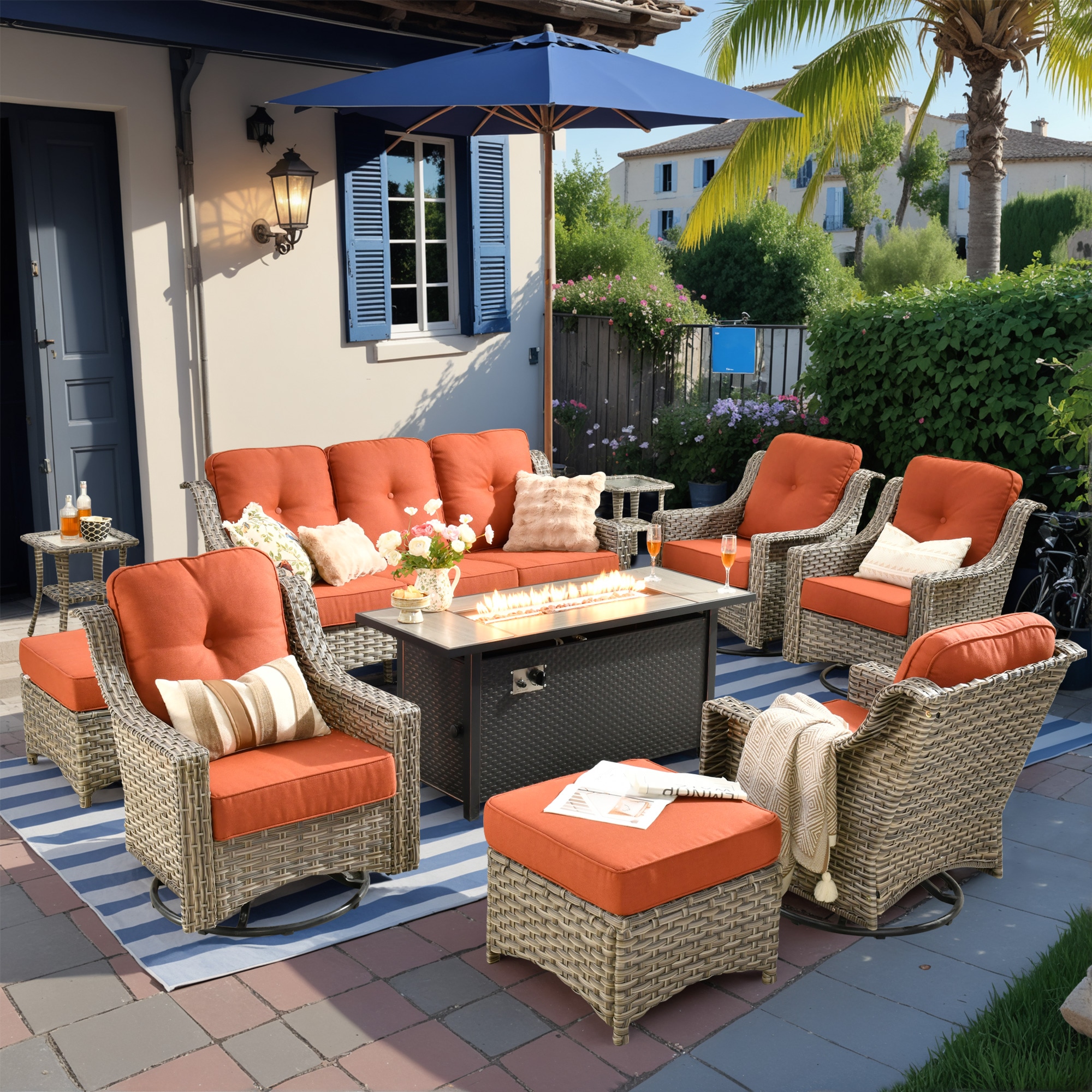 Caodoc L5-CFP03-YZPAD80C10 New right-Angles Rattan Outdoor Sectional with Orange Cushions and Rattan Frame