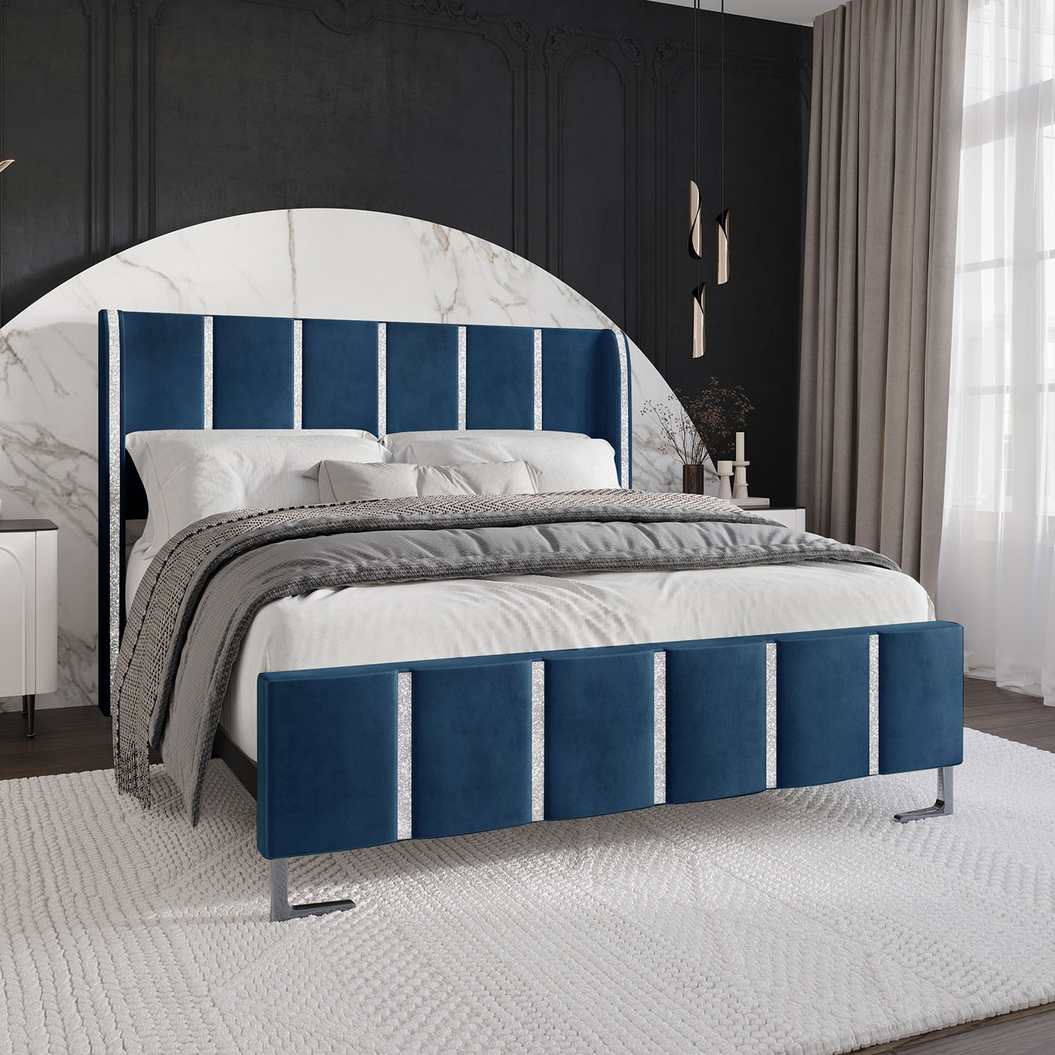 CasePiece C8384KUB-NBL-VV Navy Blue King Wood Upholstered Bed