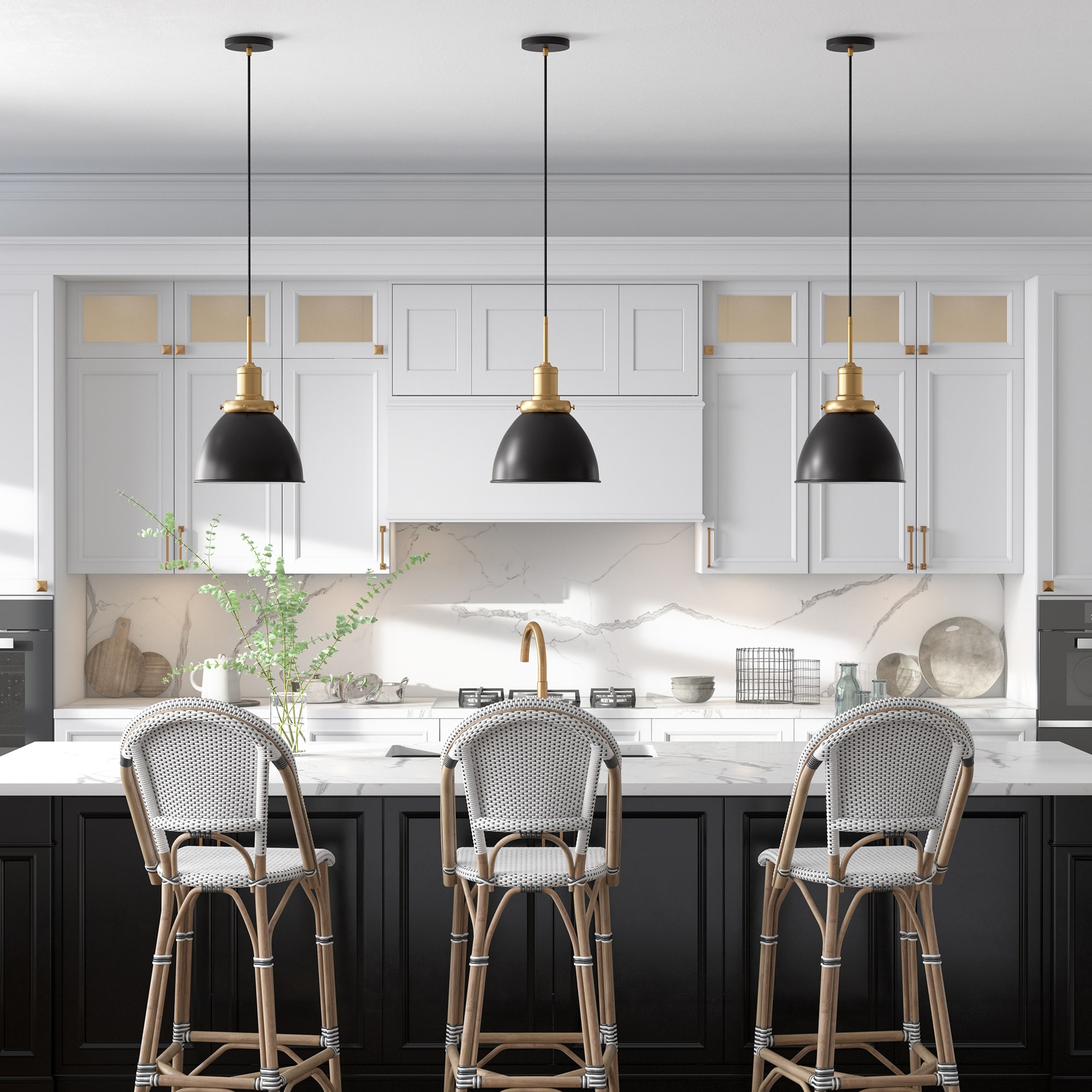 Modern 12" Black Bowl Pendant Light with Satin Nickel Accents