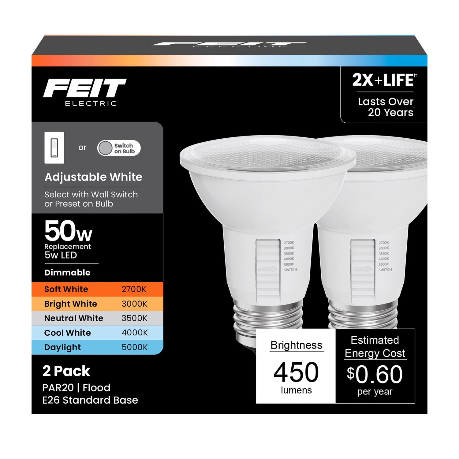 Feit Electric Feit PAR20 E26 (Medium) LED Floodlight Bulb Adjustable White 50 Watt Equivalence 2 pk