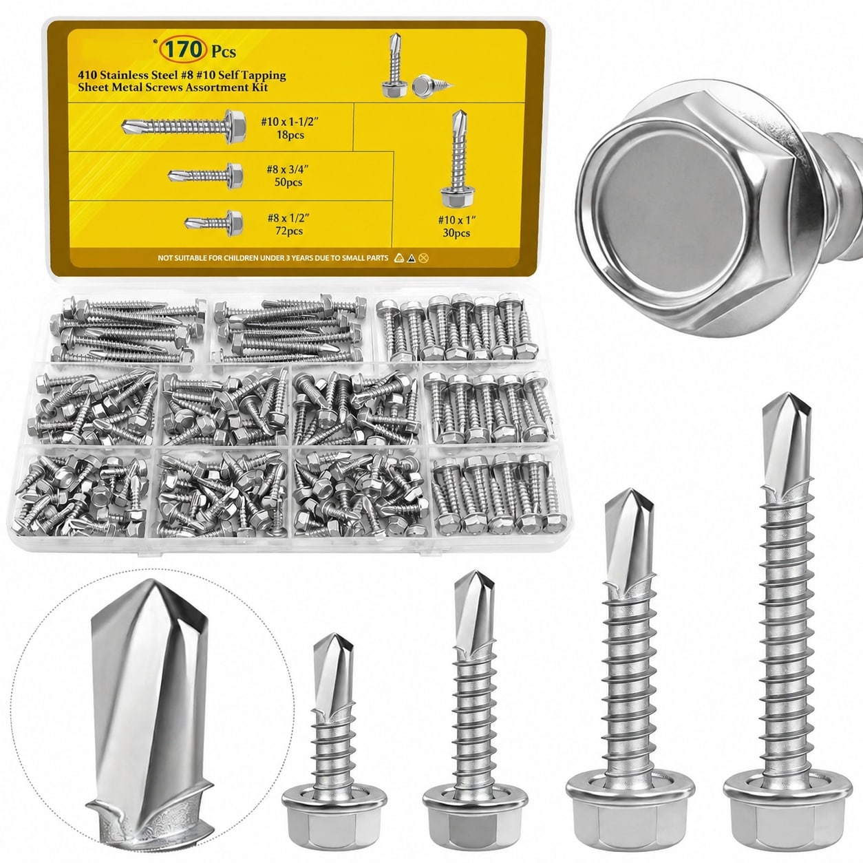 KHKFY  170Pcs Self Tapping Screws Hex Washer Head 410 Stainless Steel Metal Sheet Screw Assortment Kit Various Sizes durable home and garden