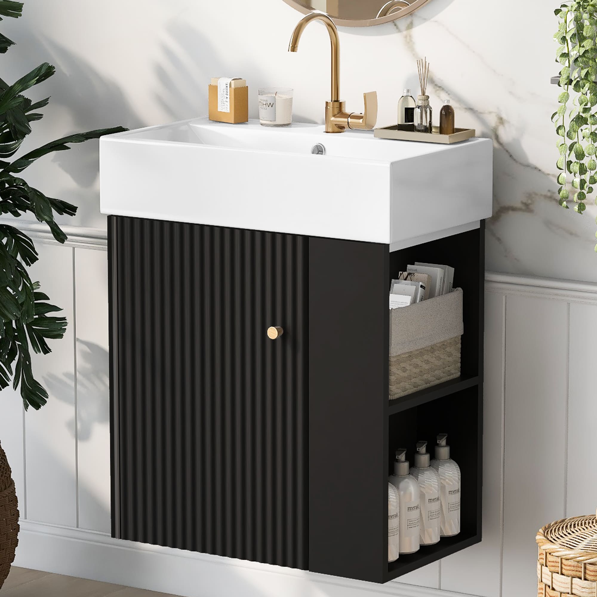 Tatayosi JJ-70388B Modern Floating Bathroom Vanity with Ceramic Basin Right Side Storage Perfect for Small Bathrooms