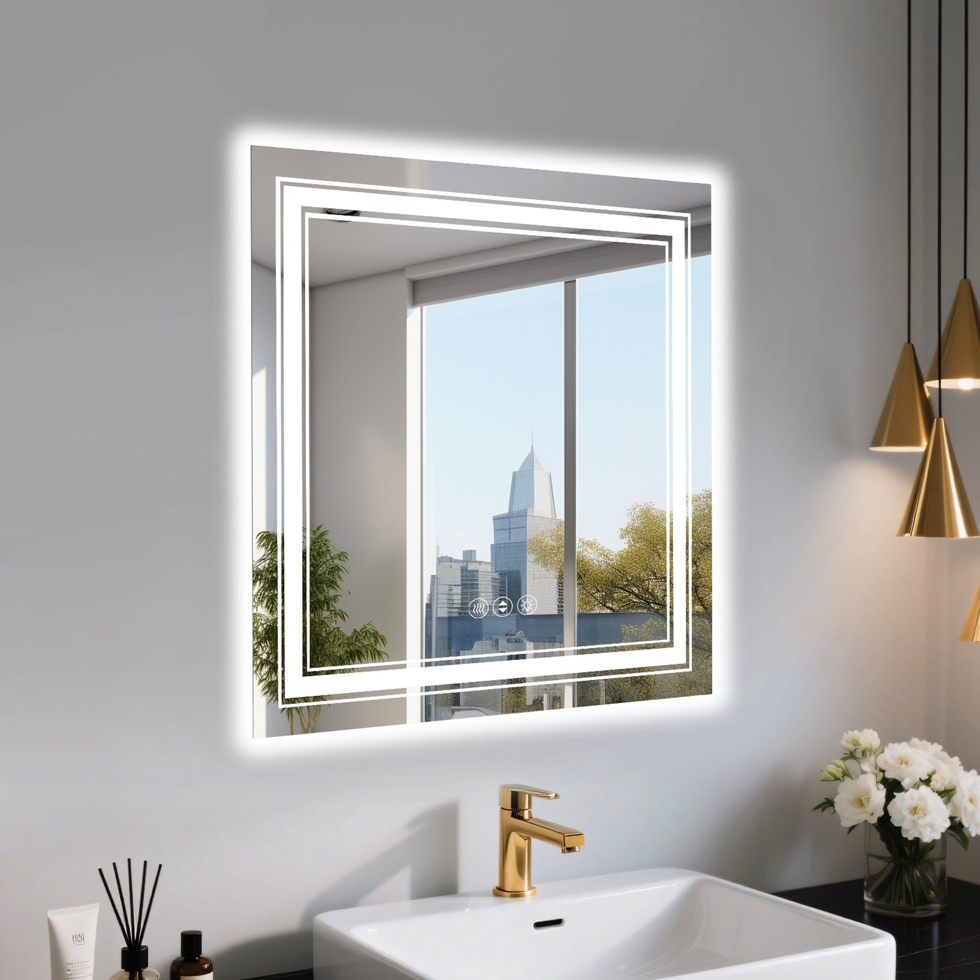 IAK 36 inch x 36 inch White Frameless LED Bathroom Mirror with Dimmable Brightness and Anti-Fog Function