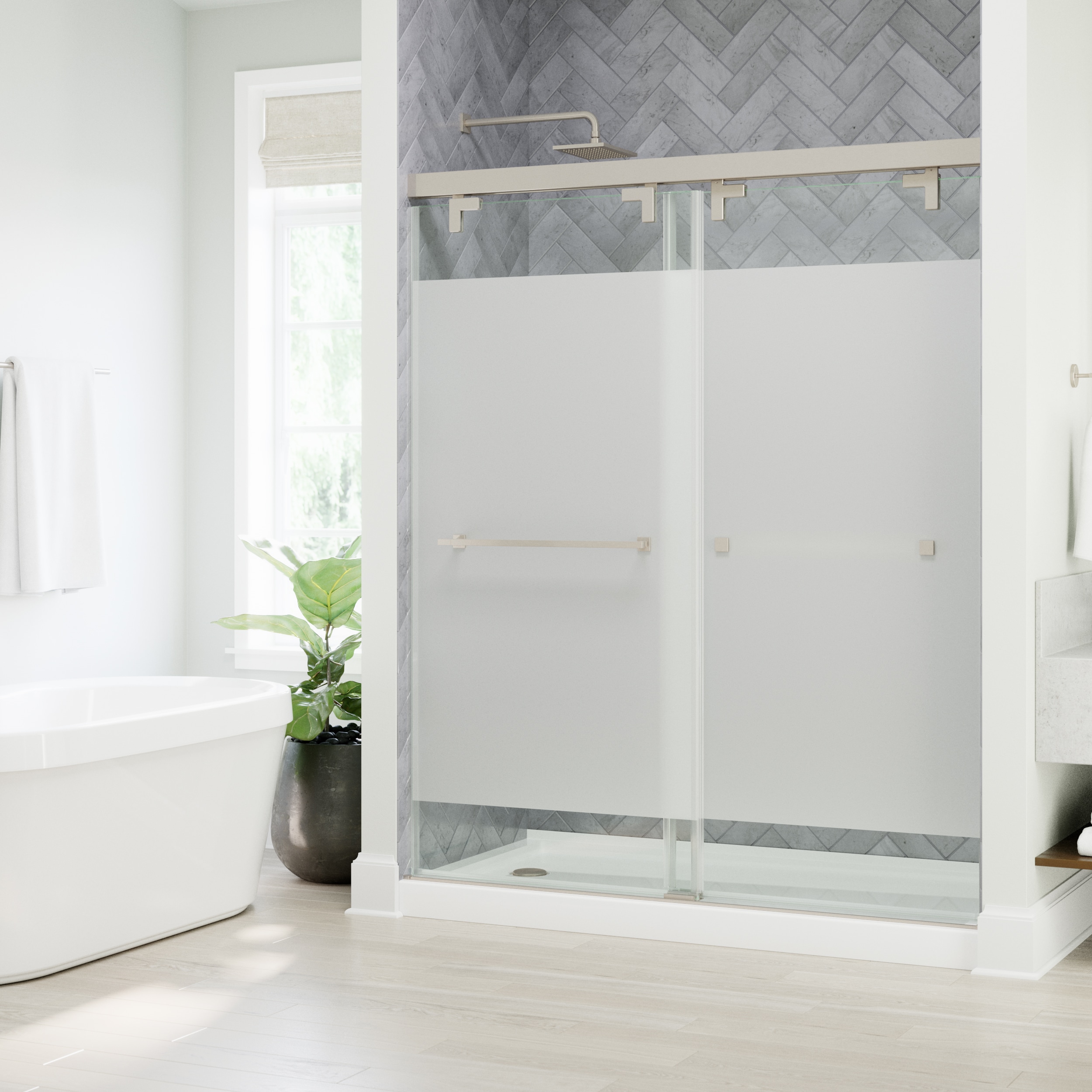 Delta SD7909804 Kesara Brushed Nickel 42-1/4-in W x 72.9922-in H Frameless Sliding Soft Close Shower Door 5/16-in Thick Frosted Glass
