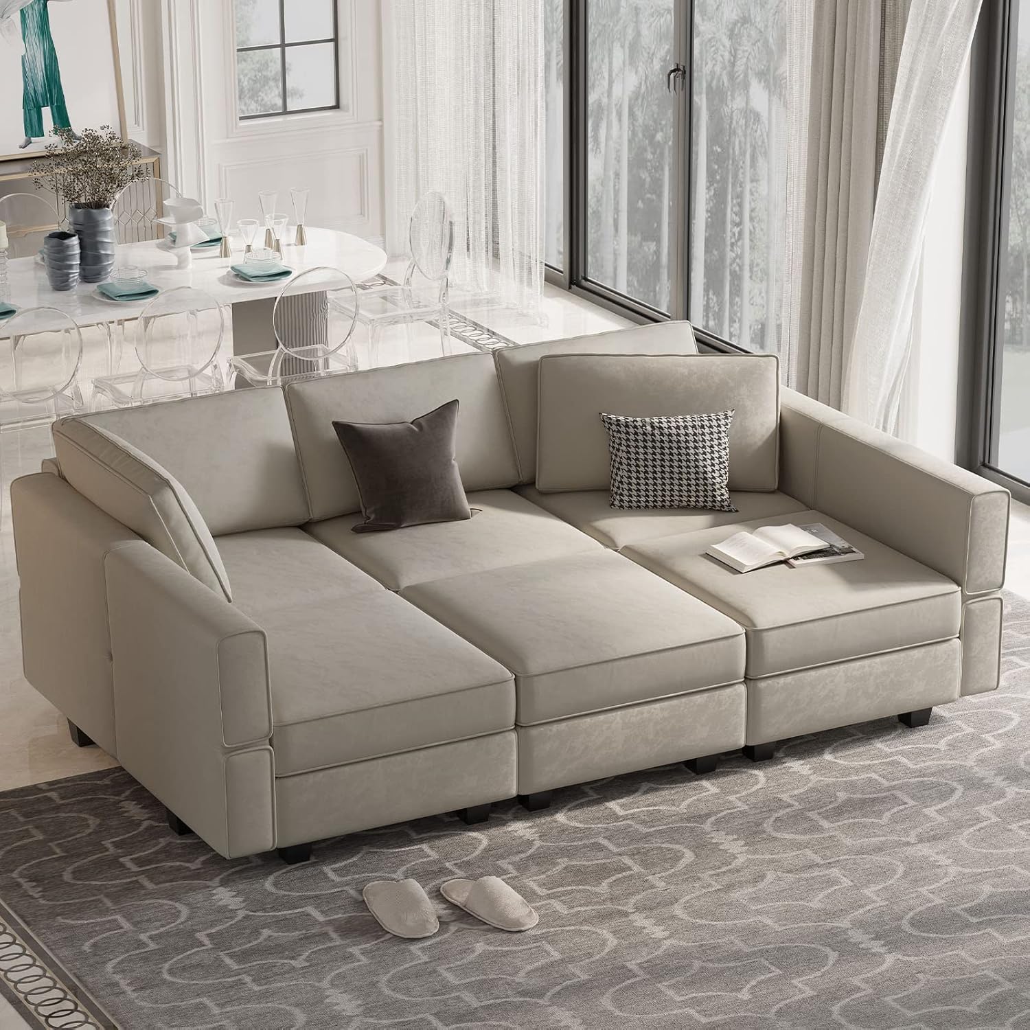 Belffin BF196-A5BC-GRAY 6 Seats + 7 Sides Modular Velvet Sleeper Sofa with Storage Seat