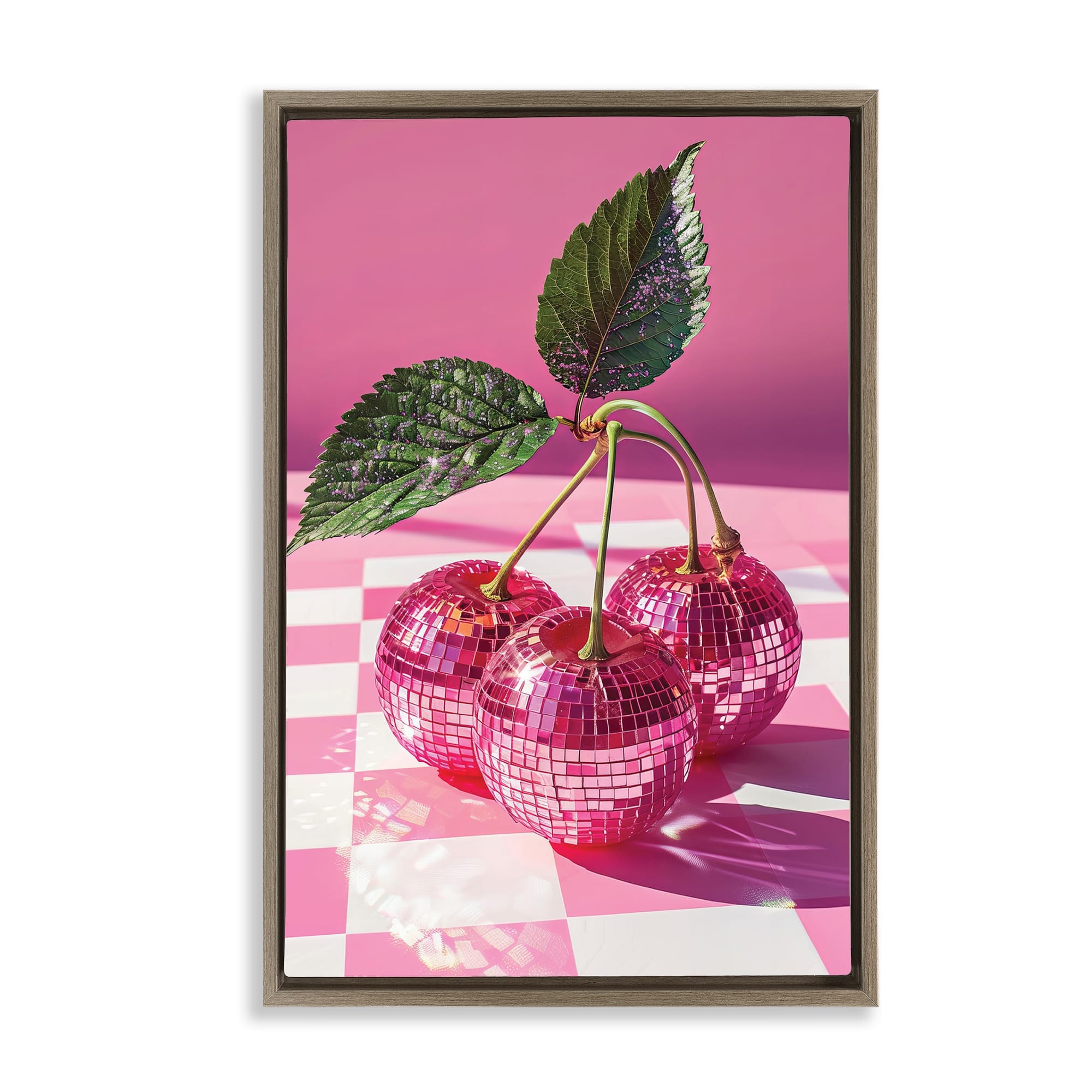 Stupell Industries BT-661-FFE-16X24 Disco Cherries on Checkered Brown Framed Floater Canvas Wall Art design by LSR Design Studio 17 x 25