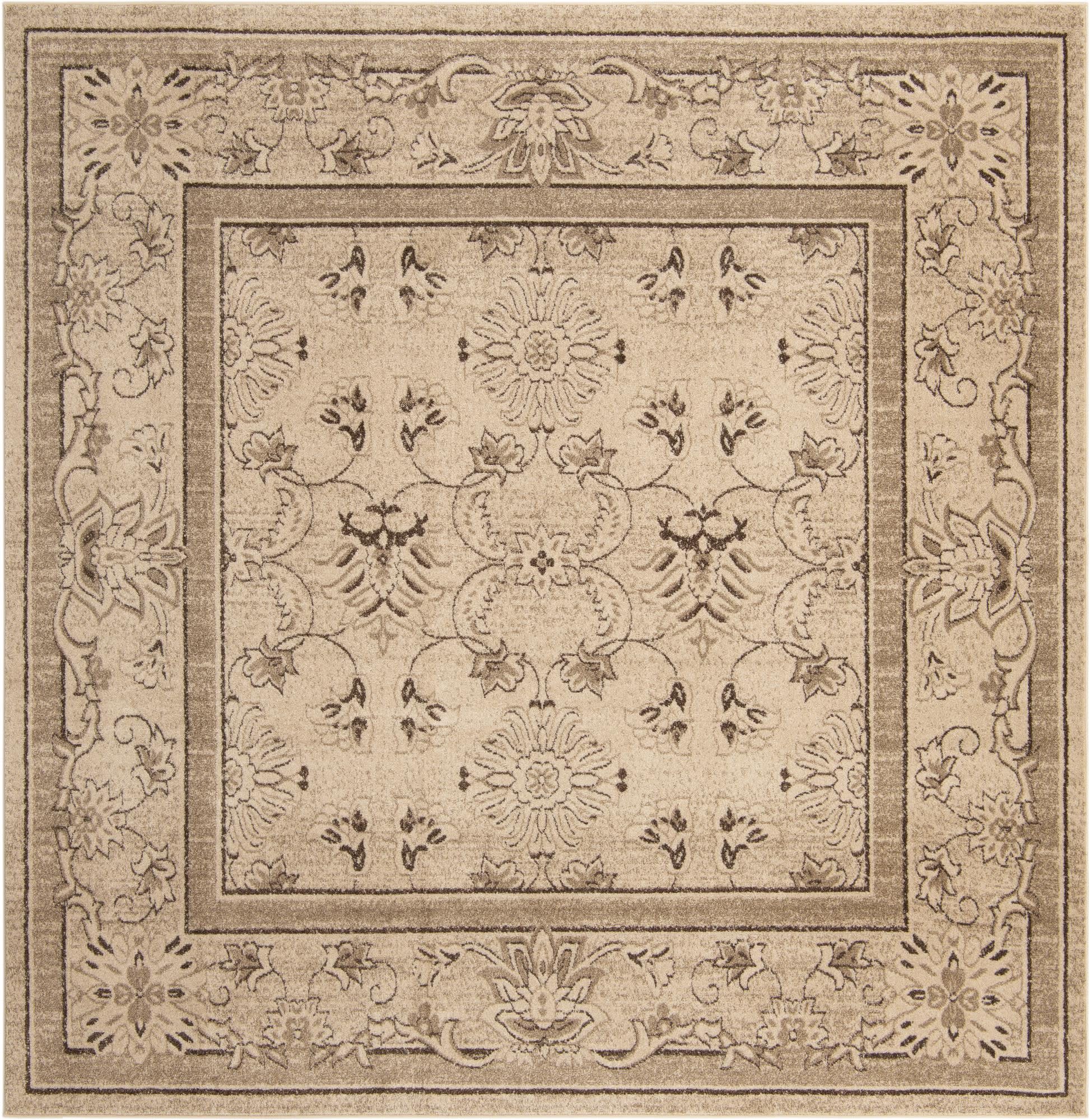 Ivory and Brown Floral Synthetic Square Rug, 10' x 10'