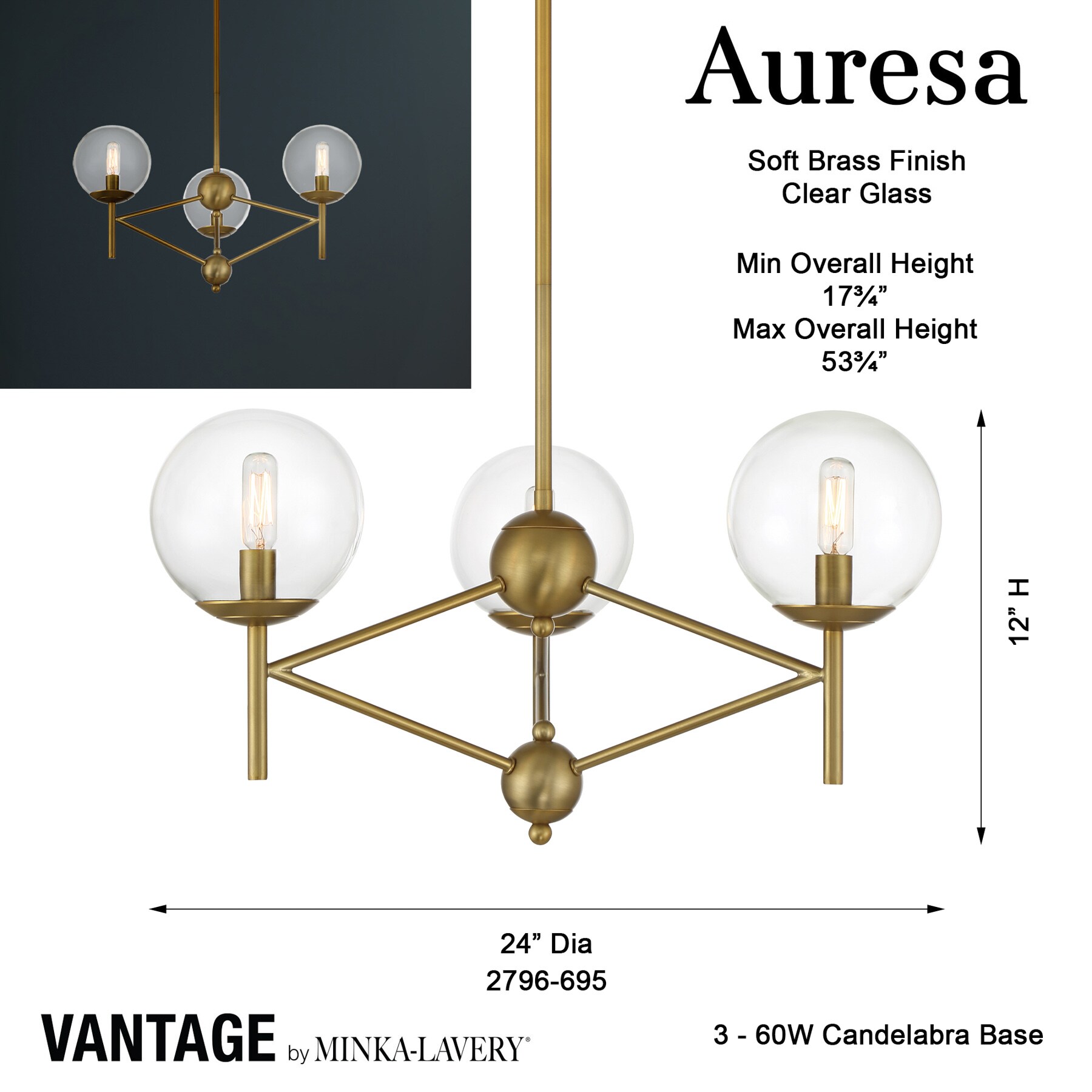 Soft Brass 3-Light Globe Chandelier with Clear Glass Shades