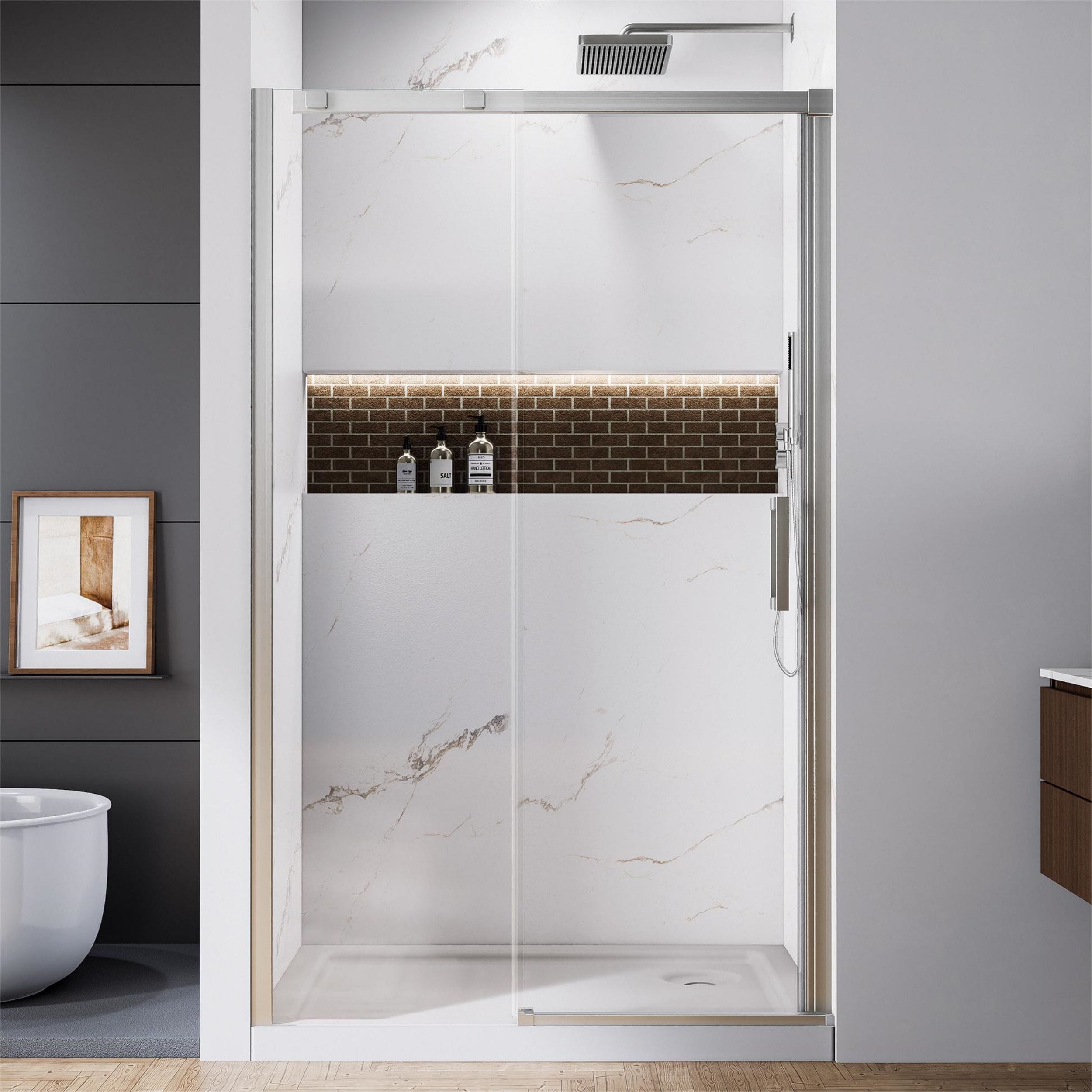 WELLFOR QPZ-TL08W Brushed Nickel 44-in to 48-in W x 74-in H Framed Clear Glass Bypass Sliding Soft Close Shower door