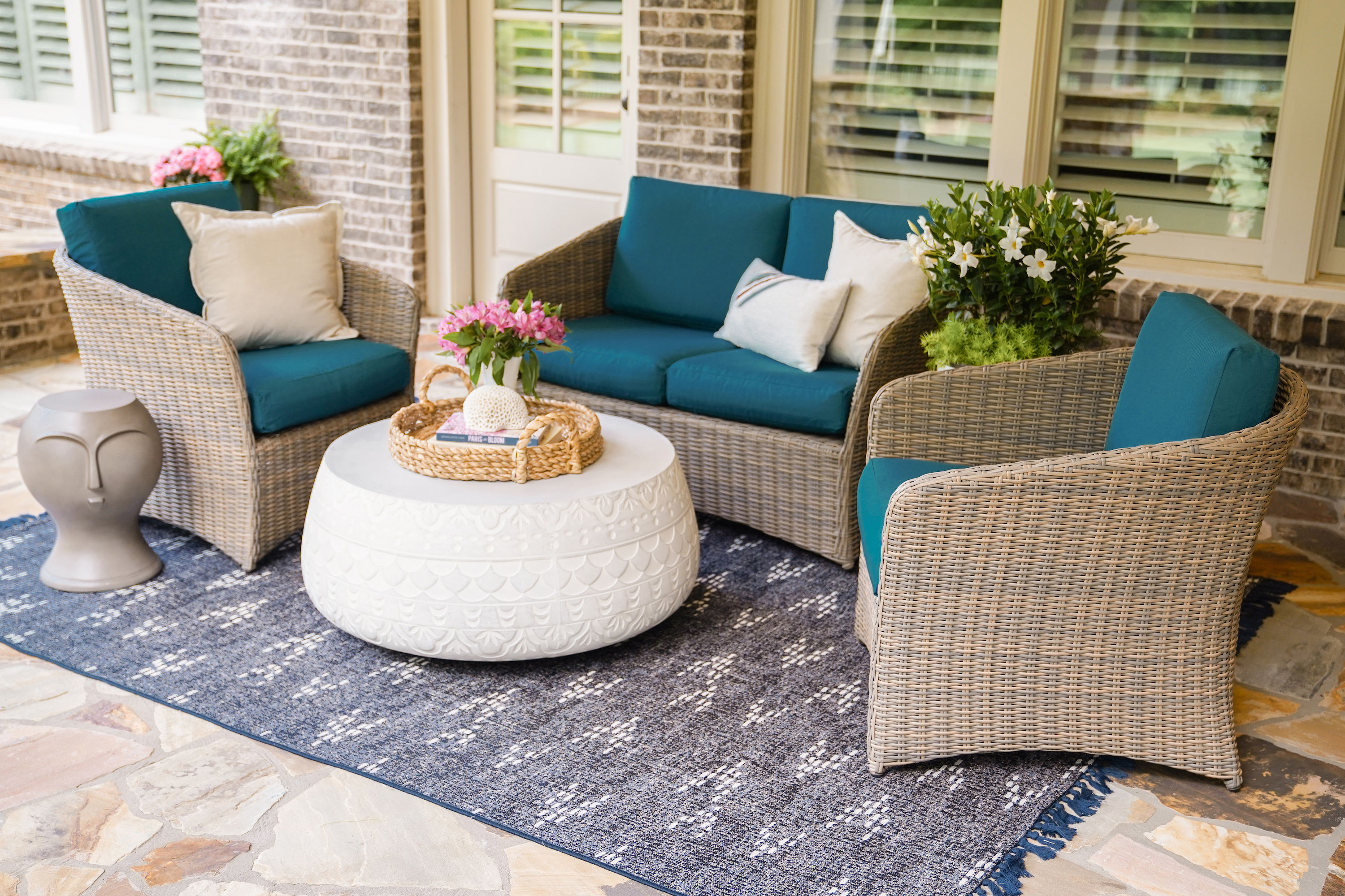 Leisure Made 381776-PEA Montgomery 3-Piece Wicker Patio Conversation Set with Blue Cushions
