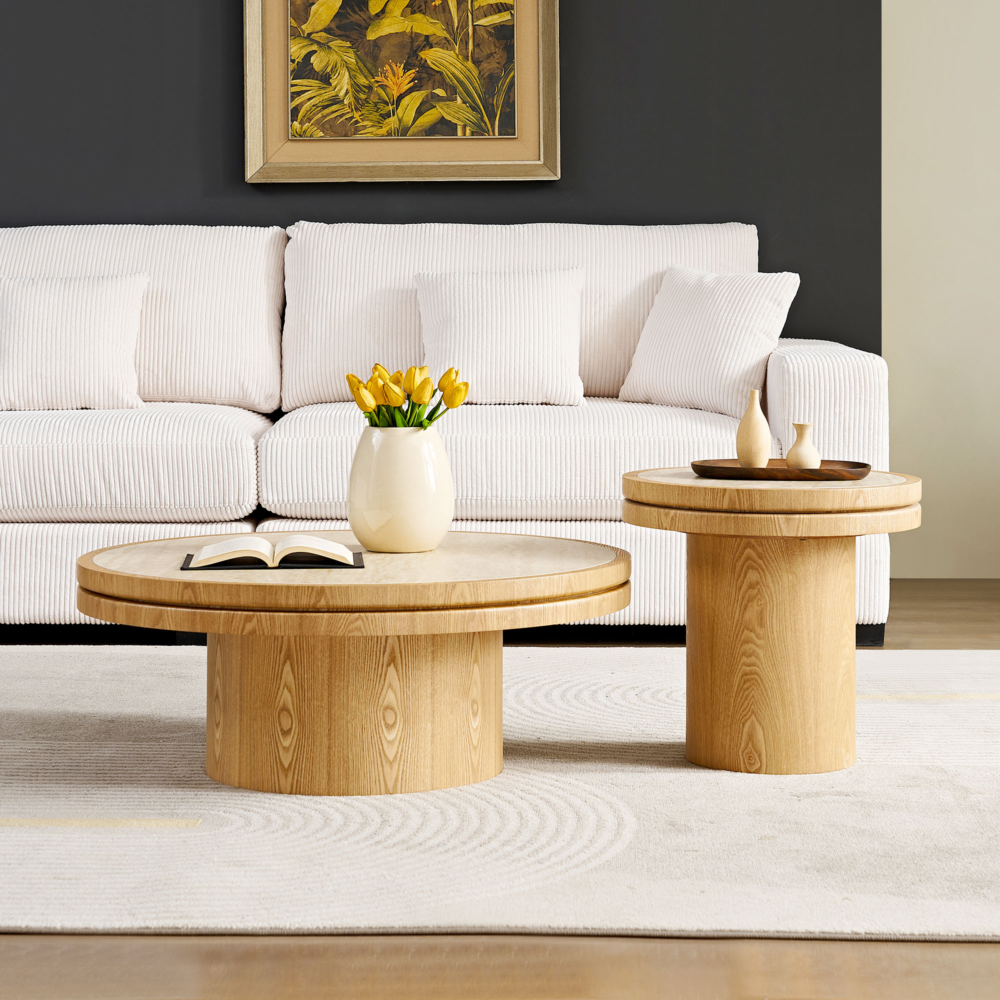 LUXEYARD Set of 19.49''+35.43 inch MDF Round CoffeeTable Sintered Stone ...