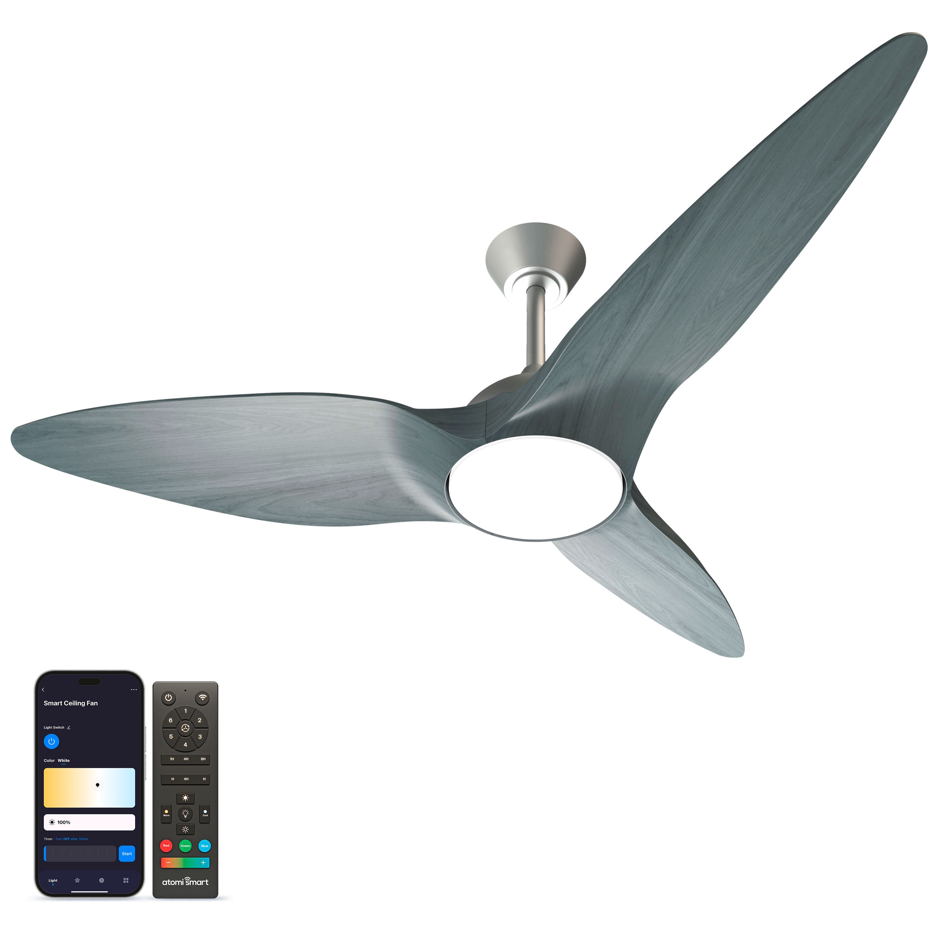 atomi smart AT2005-BS-GW Monarc 52-in Color-Changing Integrated LED Smart Brushed Silver with Slate Grey Blades Ceiling Fan With Light - Remote Included ( 3 -Blade )
