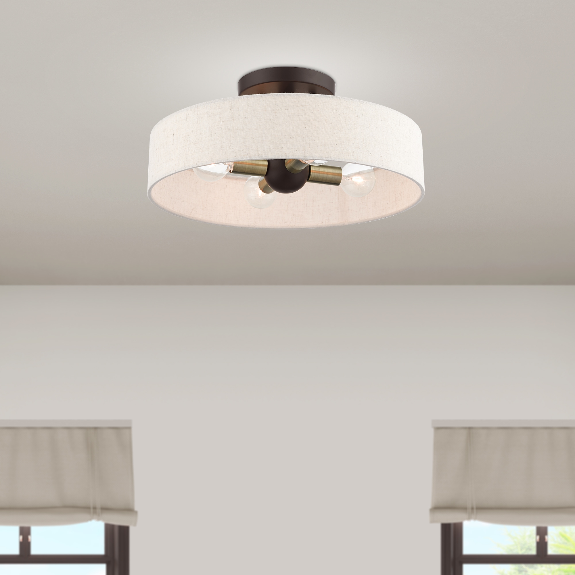 Bronze Antique Brass 4-Light Drum Semi-Flush Mount with Oatmeal Shade