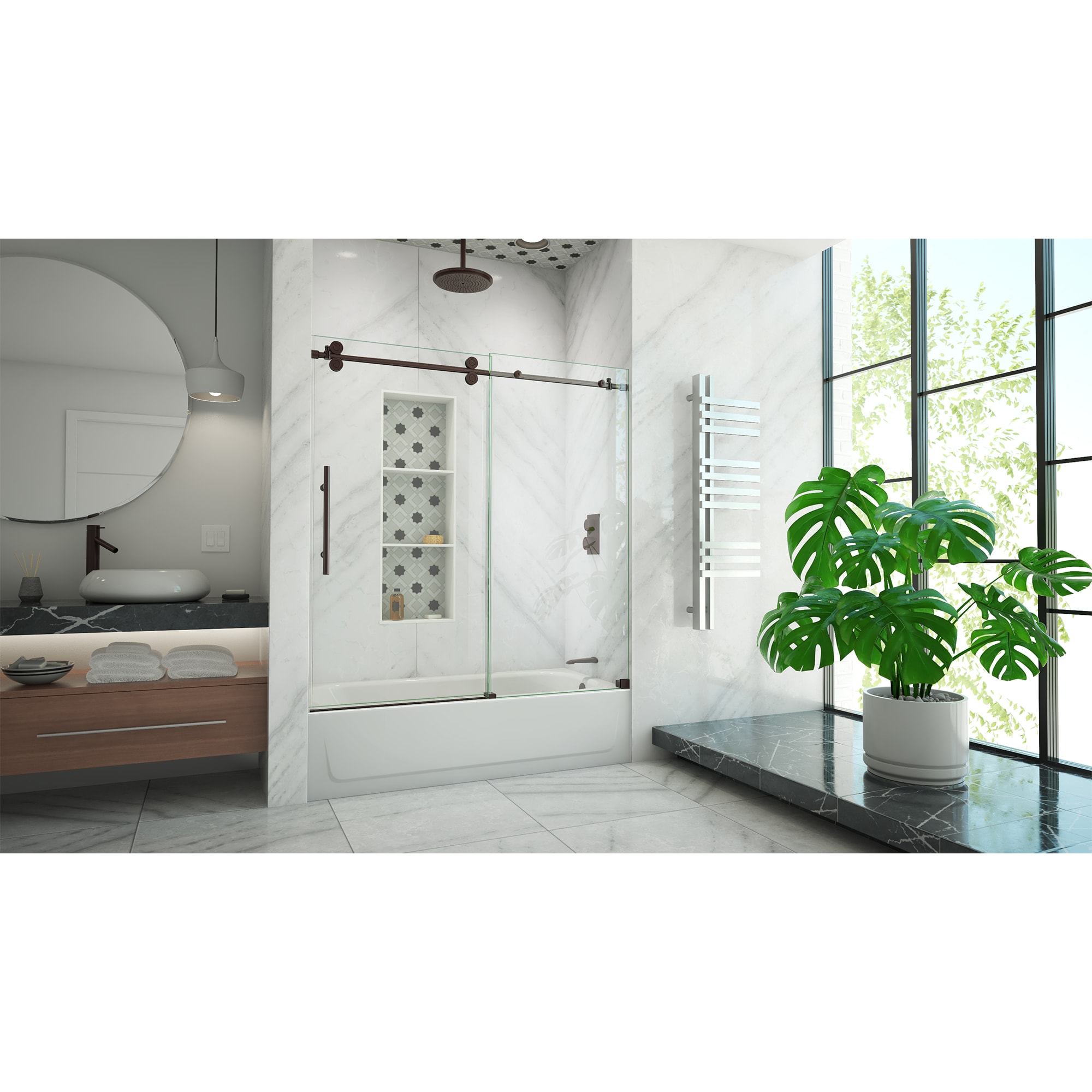 Enigma-XO 55-59" Frameless Sliding Shower Door with Polished Stainless Steel Hardware