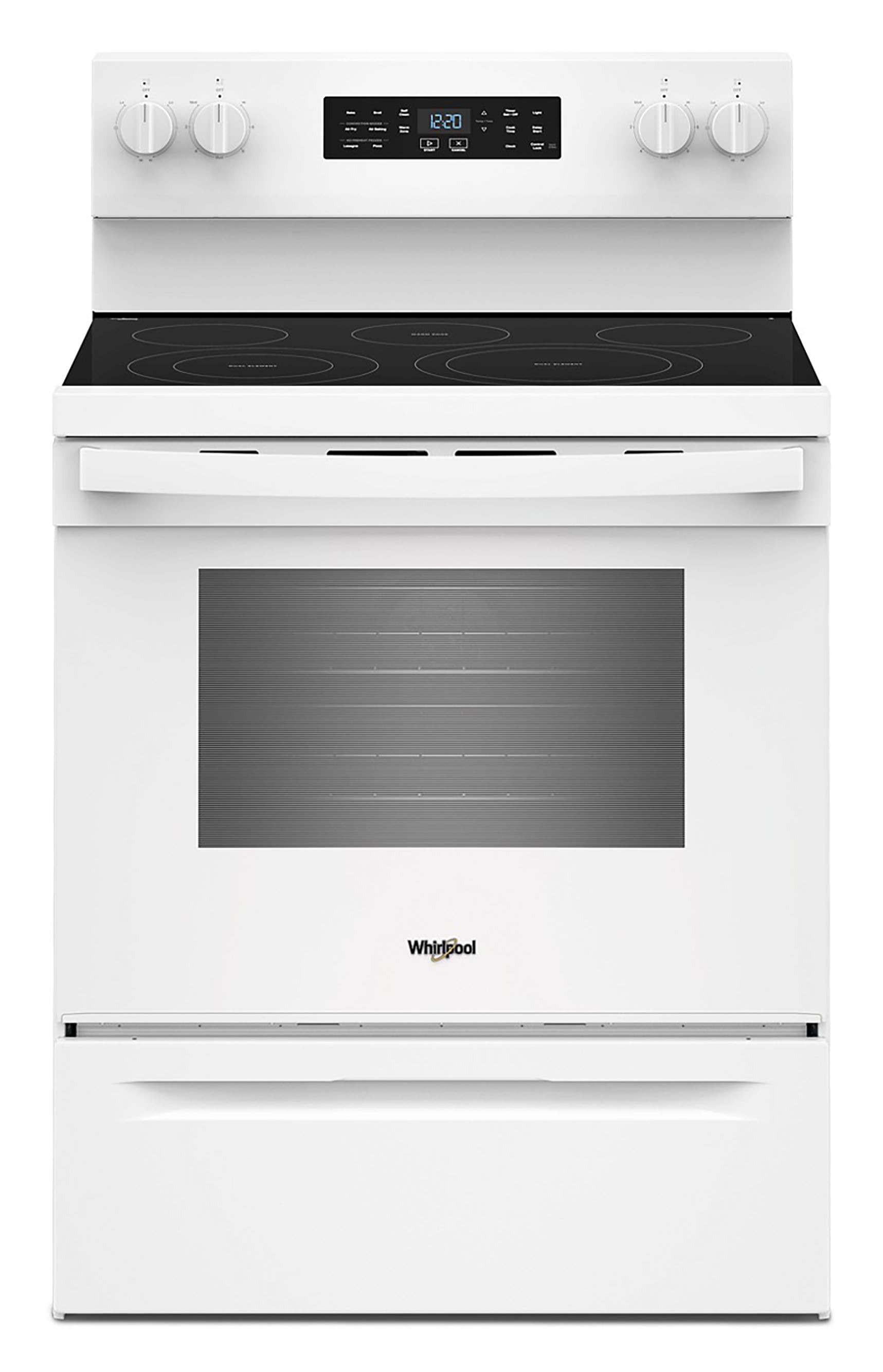 Whirlpool WFES5730SW 30-in Glass Top 5 burners 5.3-cu ft Air Fry Convection Oven Freestanding Electric Range with WipeClean Coating ( White )