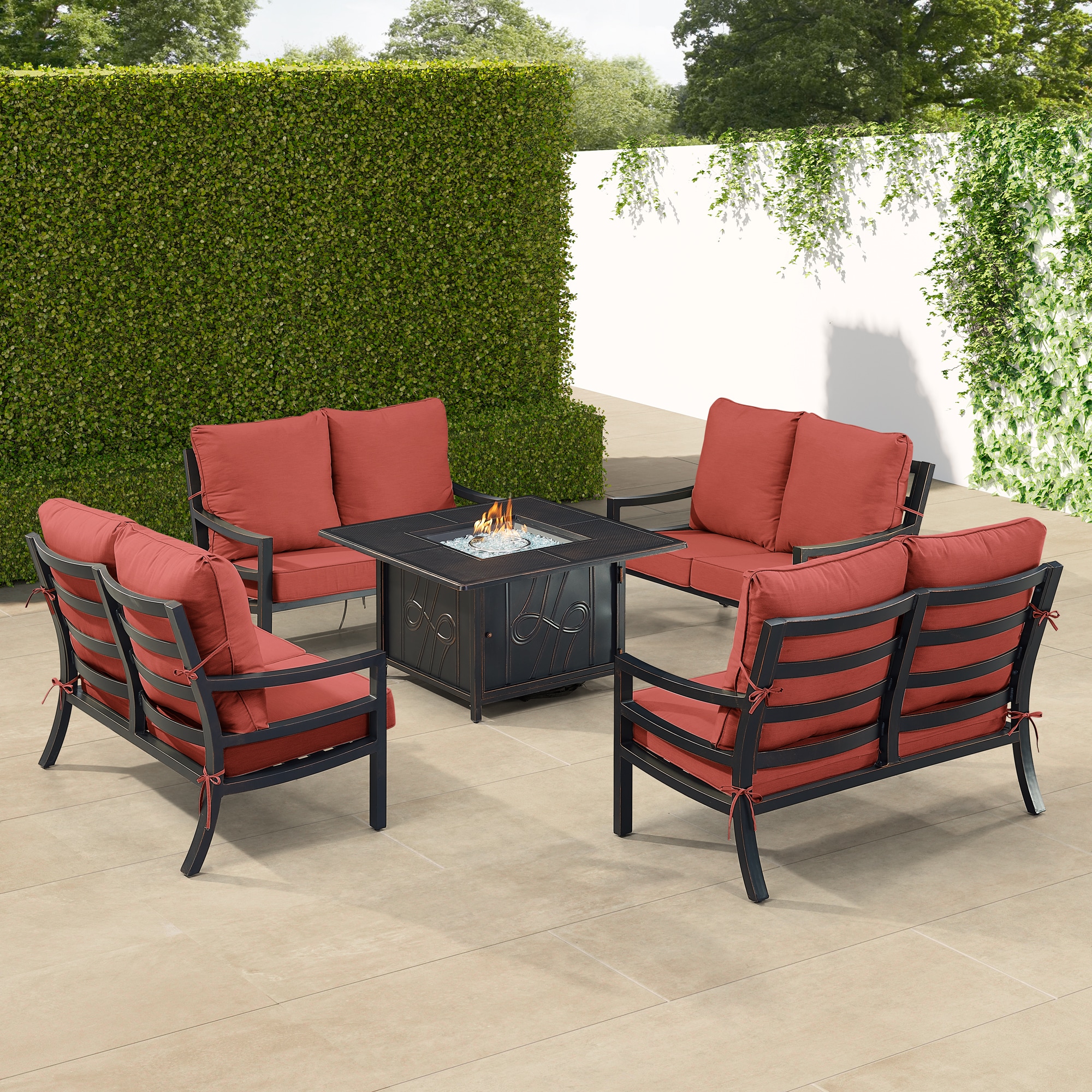 Oakland Living HUDSON4LSREGISRDCU Fire Pit Table Set, Four Loveseats and Wind Guard 24-Piece Patio Conversation Set with Red Cushions