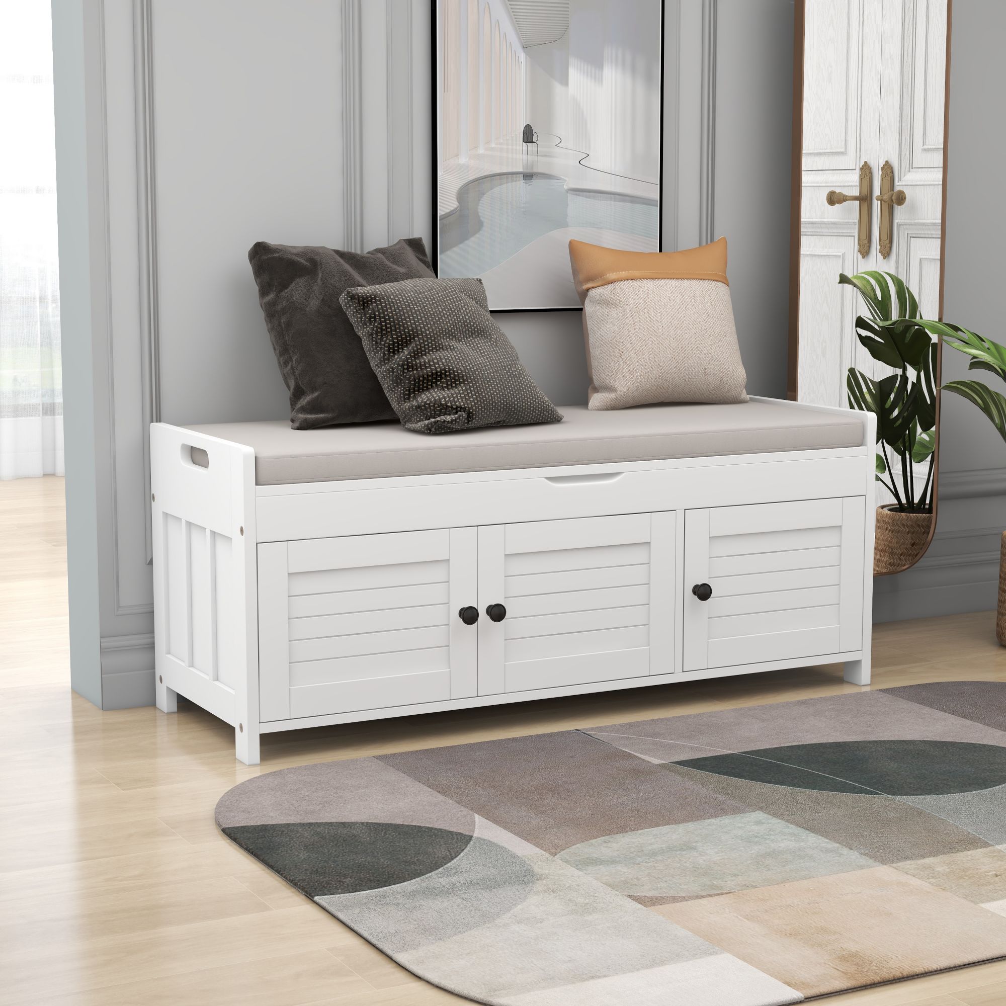 ModernLuxe WF310529AAK Storage Bench with 3 Shuttershaped Doors Shoe Bench with Removable Cushion and Hidden Storage Space White