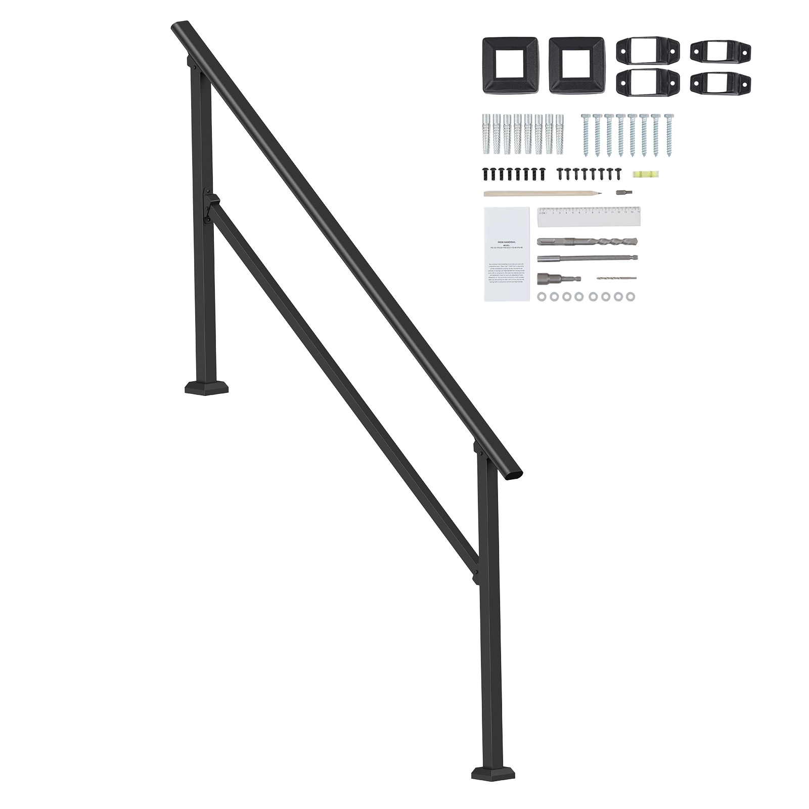 GIVIMO - Square-Tube Carbon Steel Handrail Kit for 5-Step Stairs in 68-in Black Outdoor Stair Rai...