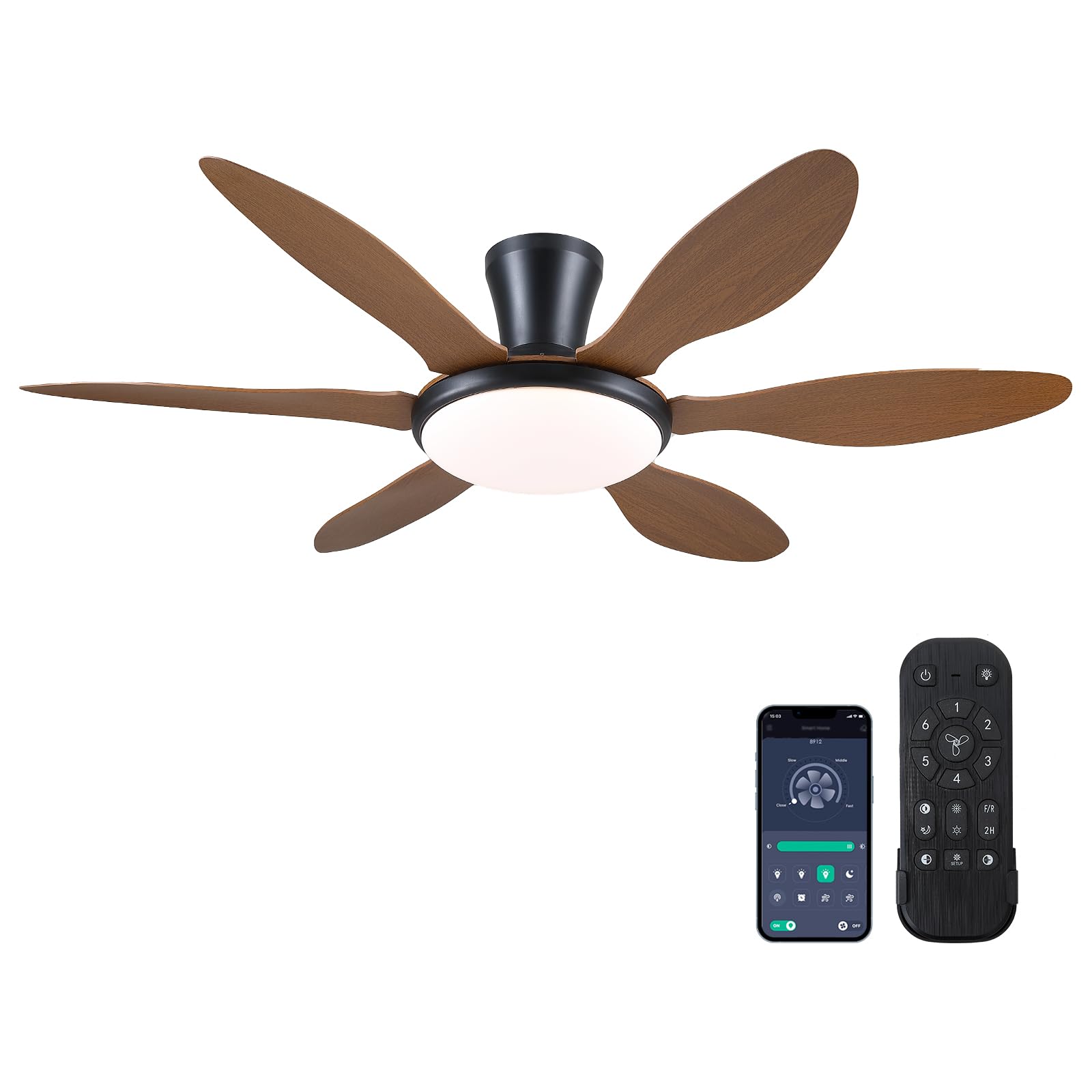 CYIKE  51 inch Modern Low Profile Ceiling Fan with Light and Remote App Control Flush Mount Quiet DC Reversible Dim LED 6 Blade Brown
