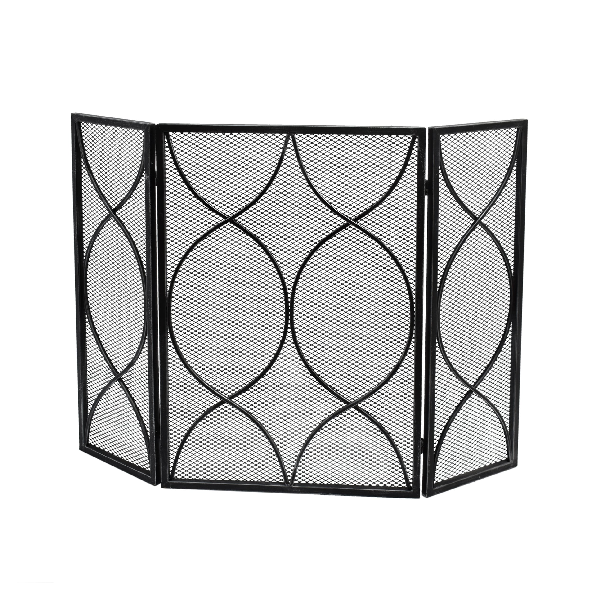 Pleasants Modern Three Panel Iron Firescreen, Black Silver Finish | - Best Selling Home Decor 309136