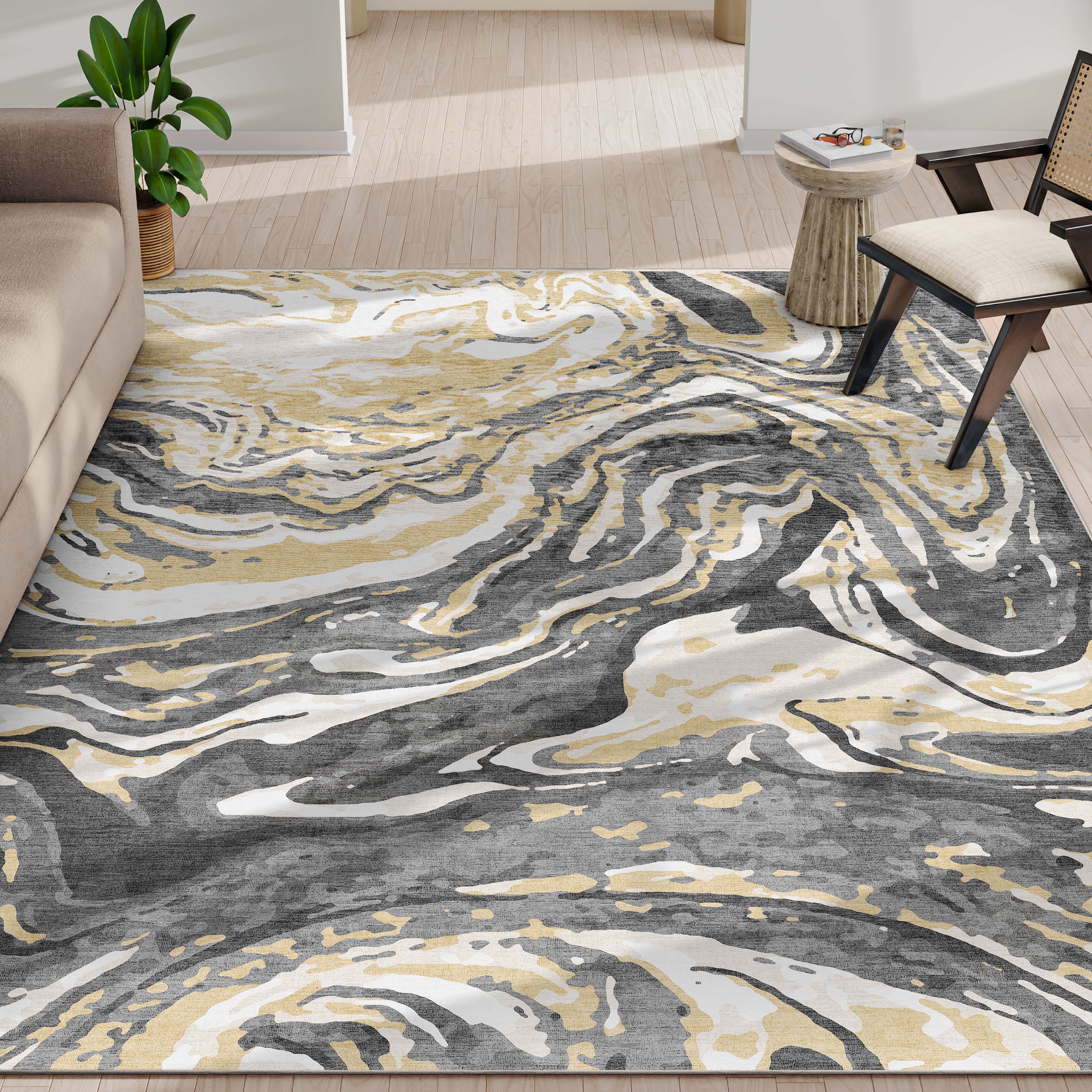 Well Woven W-AB-41A-7 Abstract 8 x 10 (ft) Flatweave Polyester Gold Brown Rectangular Indoor Stripe Mid-Century Modern Area rug