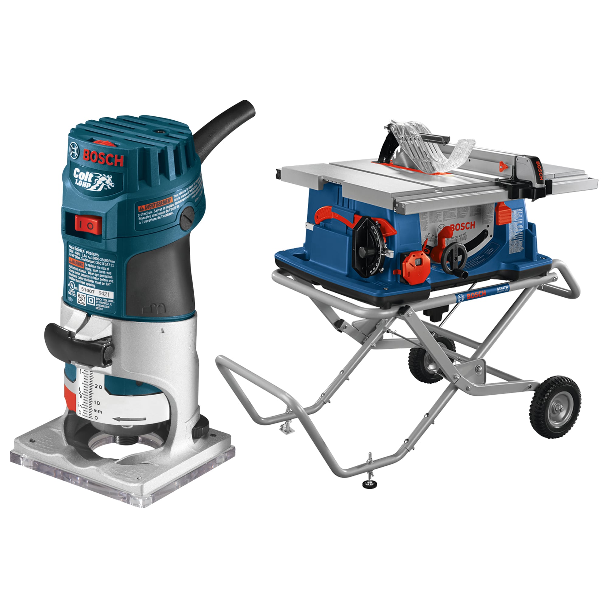 Bosch 10"" Worksite Table Saw w/ Gravity-Rise Wheeled Stand + 1 HP Variable Speed Palm Router
