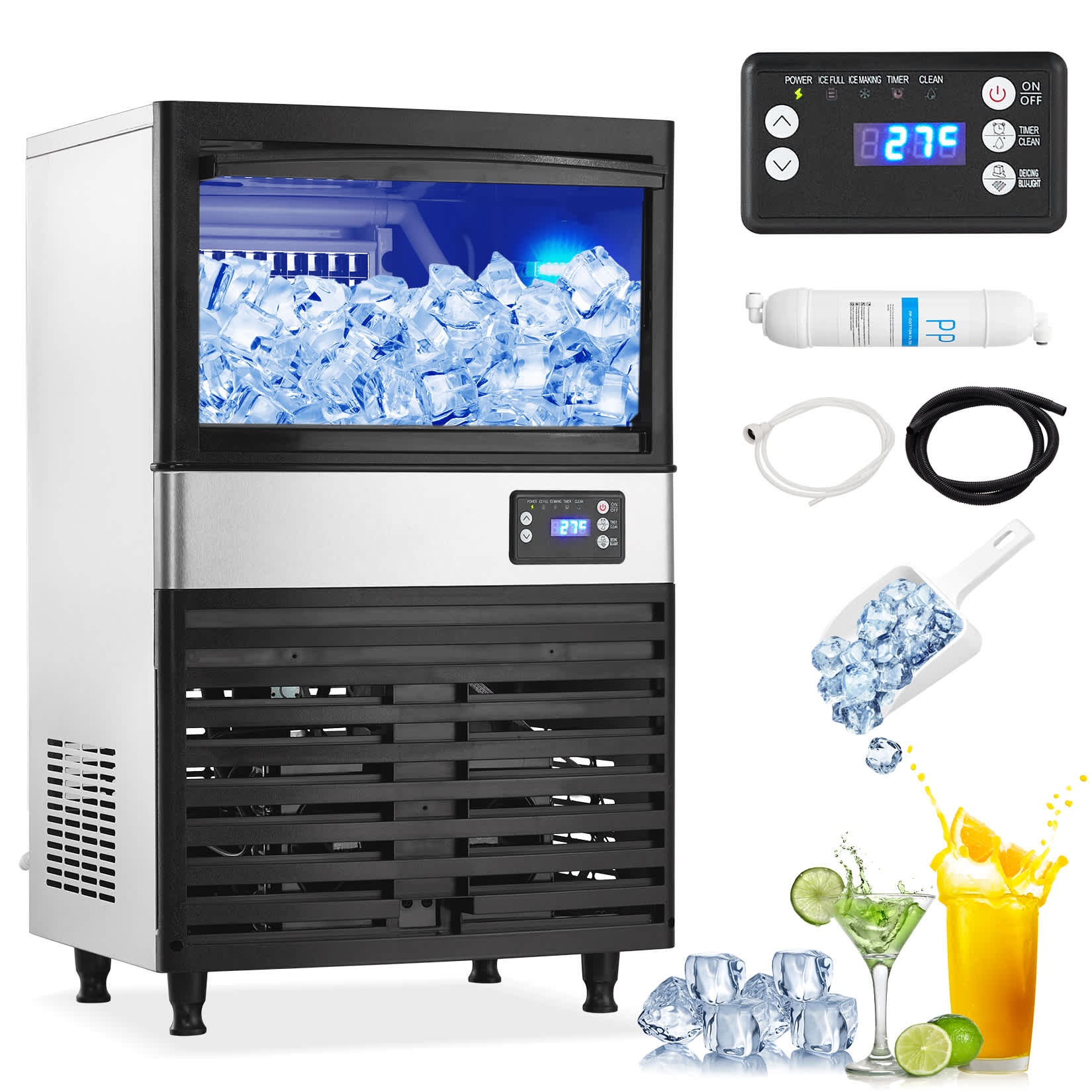 Qeetex CJ-PHO-108GXV70 Ice Maker Commercial Ice Machine 78 Cubes Per Batch in 18 Minutes 150lbs 24H 30lbs Storage Bin Advanced Panel w/Clear Indicators Freestanding for Restaurant Home Food Truck Use