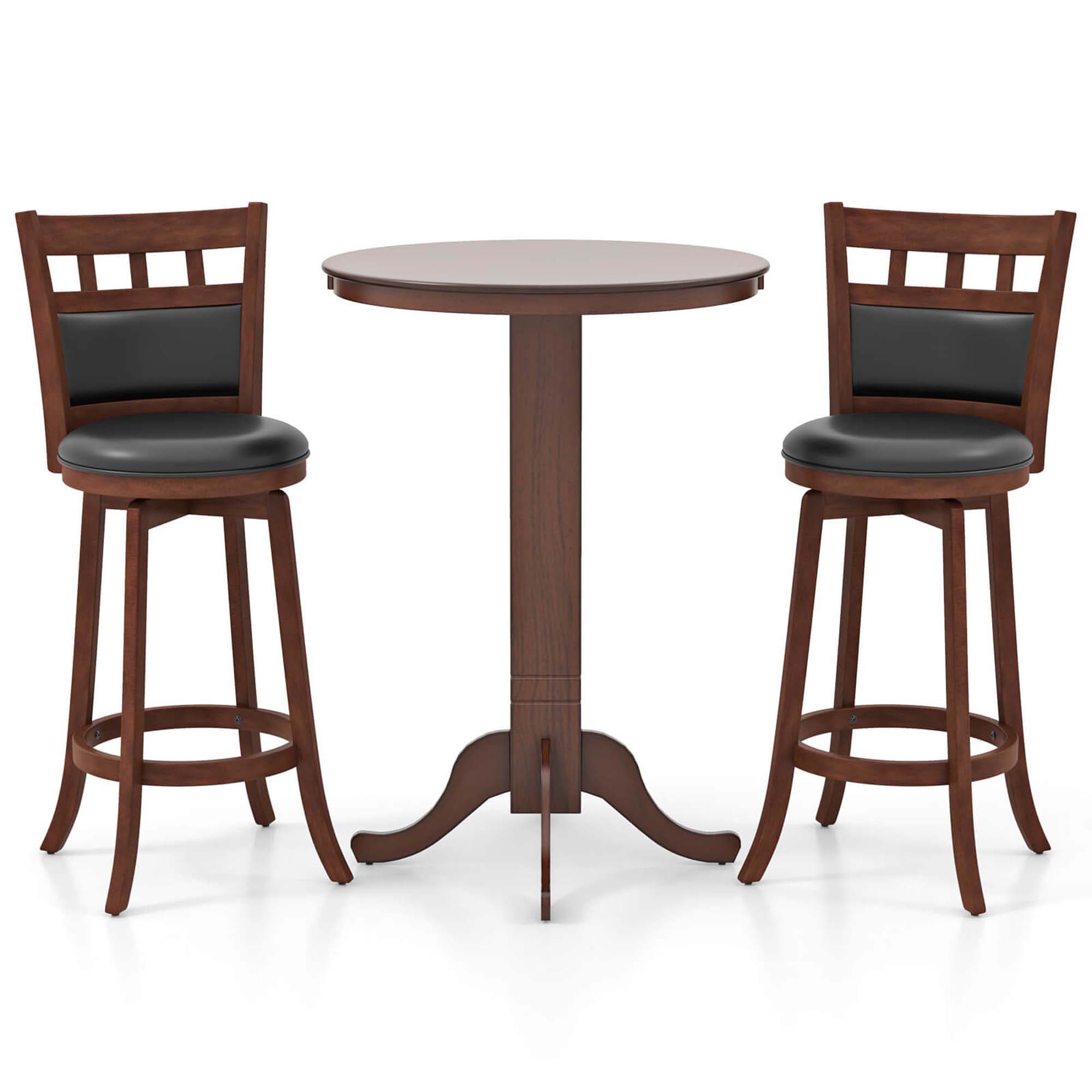 Costway HCST04452 3 -Piece Espresso Bar Height Patio Dining Set Wood Round Table with 2 Cushions Swivel Chairs