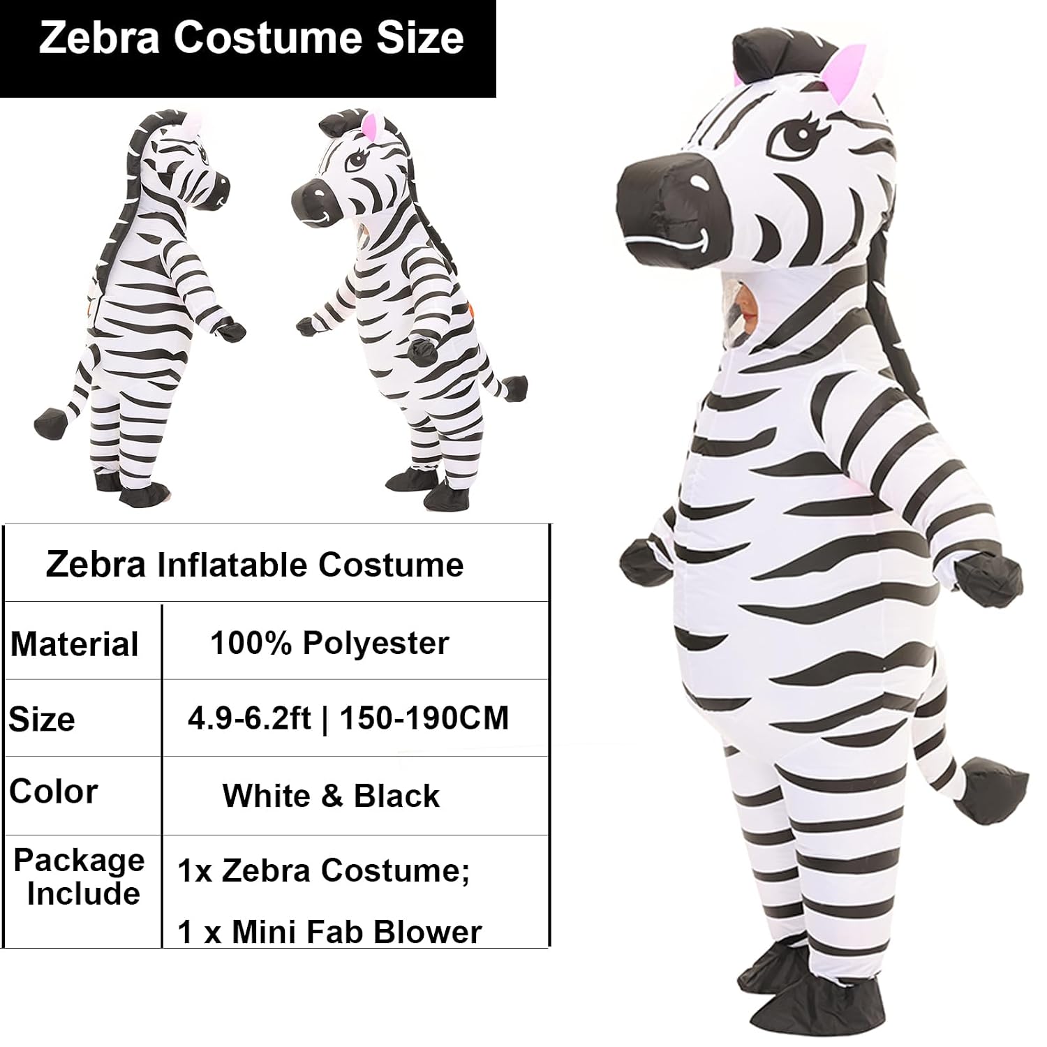ZISUEX Zebra Inflatable Adult Costume Suit with USB Fan Blower for Halloween Party Cosplay Fits Heights 4.9 ft to 6.2 ft